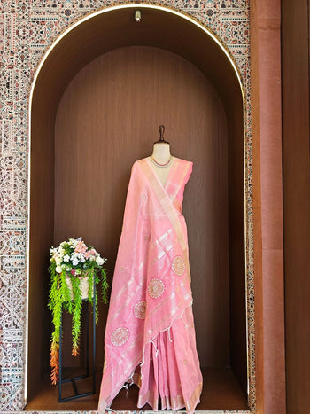 Tissue Linen Silk Embroidery Bits Work Designer Saree