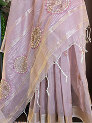 Tissue Linen Silk Embroidery Bits Work Designer Saree