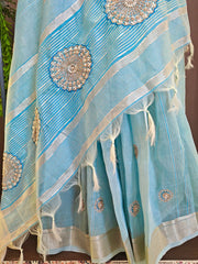 Tissue Linen Silk Embroidery Bits Work Designer Saree