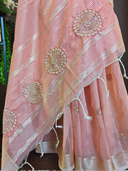 Tissue Linen Silk Embroidery Bits Work Designer Saree