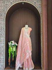 Tissue Linen Silk Embroidery Bits Work Designer Saree