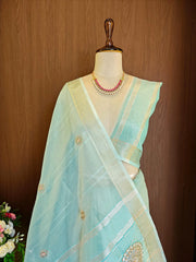 Tissue Linen Silk Embroidery Bits Work Designer Saree