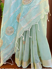 Tissue Linen Silk Embroidery Bits Work Designer Saree