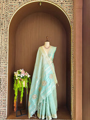 Tissue Linen Silk Embroidery Bits Work Designer Saree