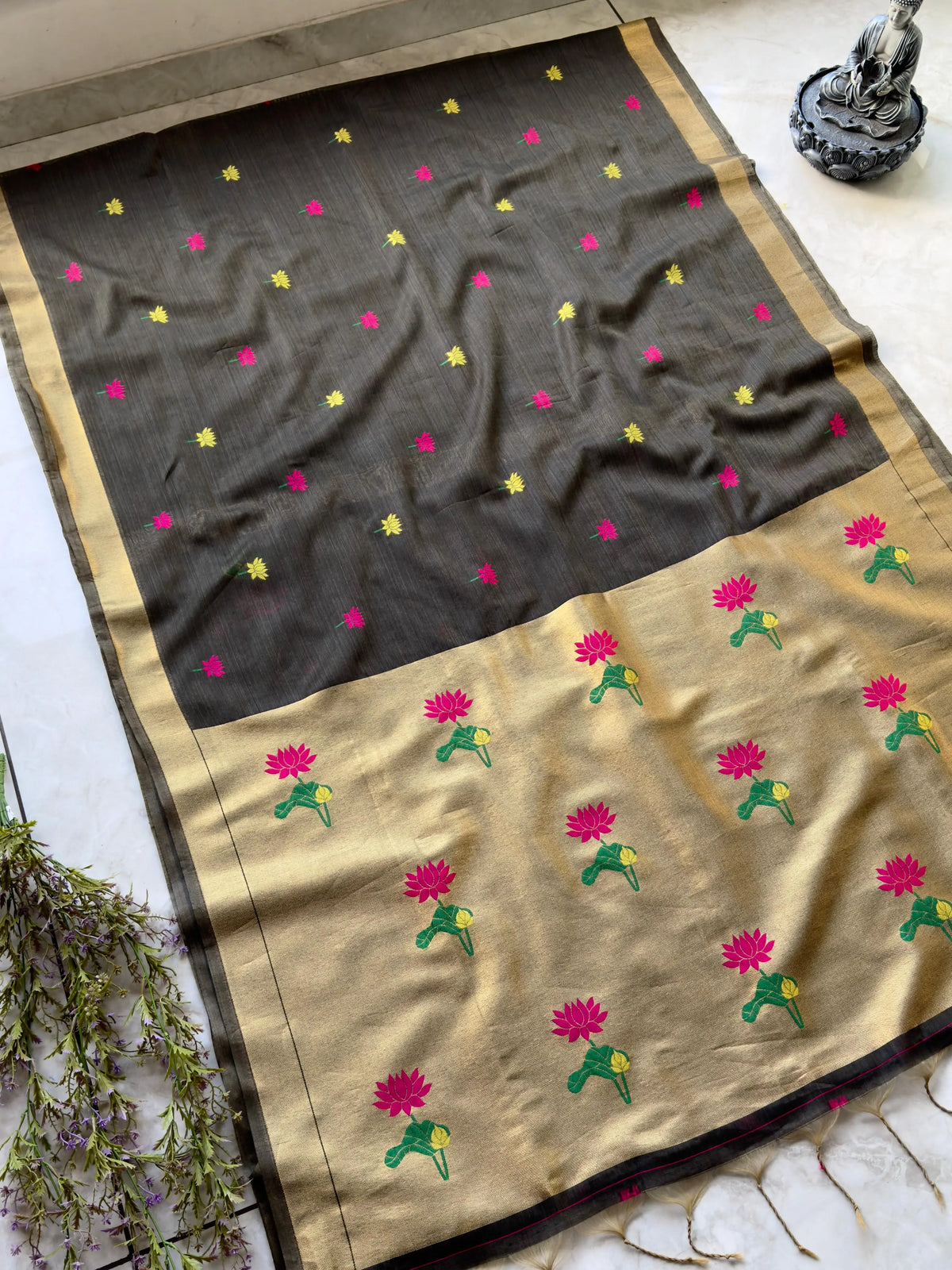 Muslin Muga Jamdani Lotus Saree