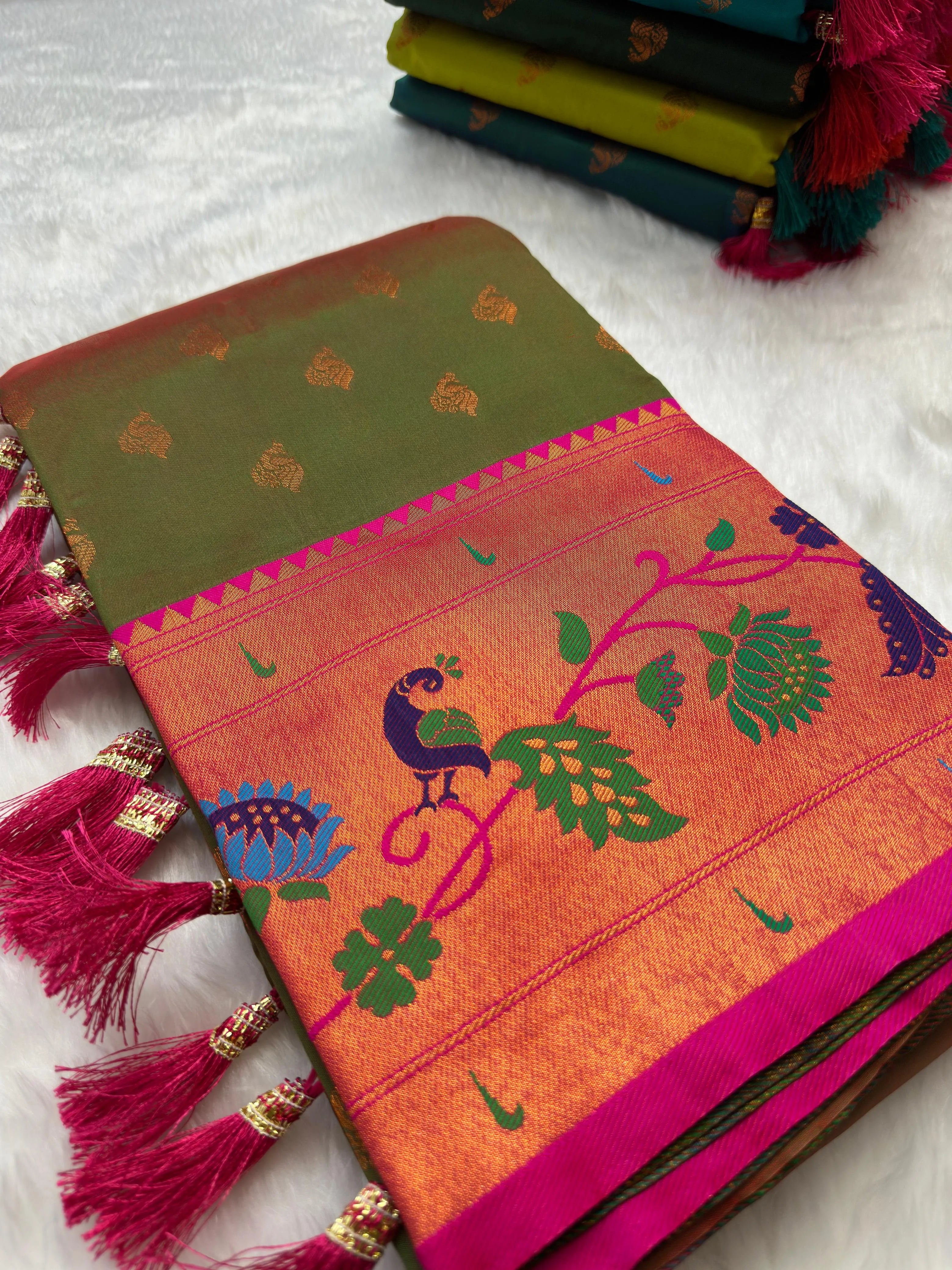 Soft Silk Copper Zari Weaving Peacock Paithani Saree