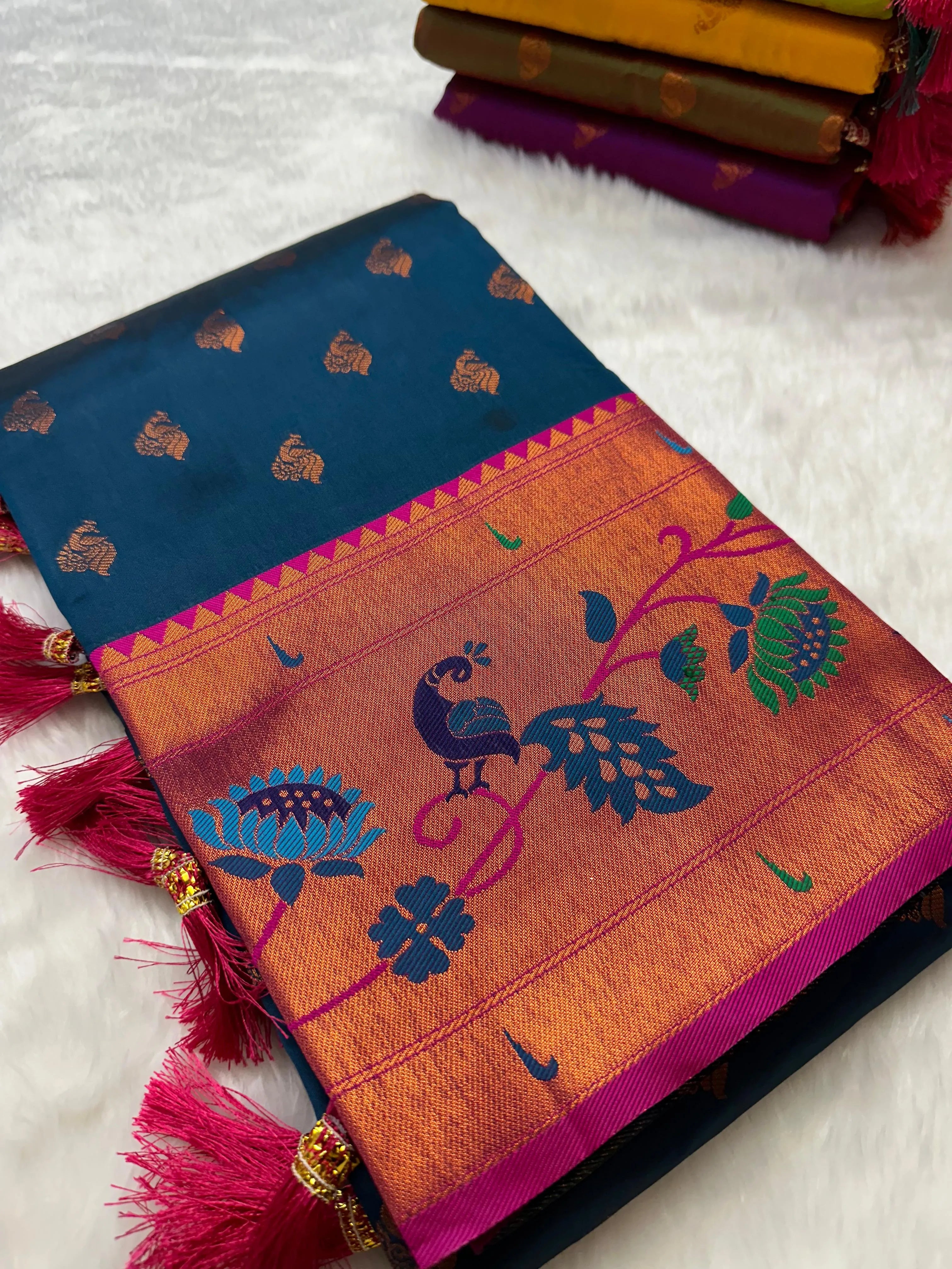 Soft Silk Copper Zari Weaving Peacock Paithani Saree