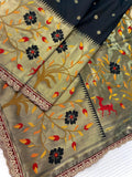 Black Soft Silk Paithani Scalloped Border Lace Saree