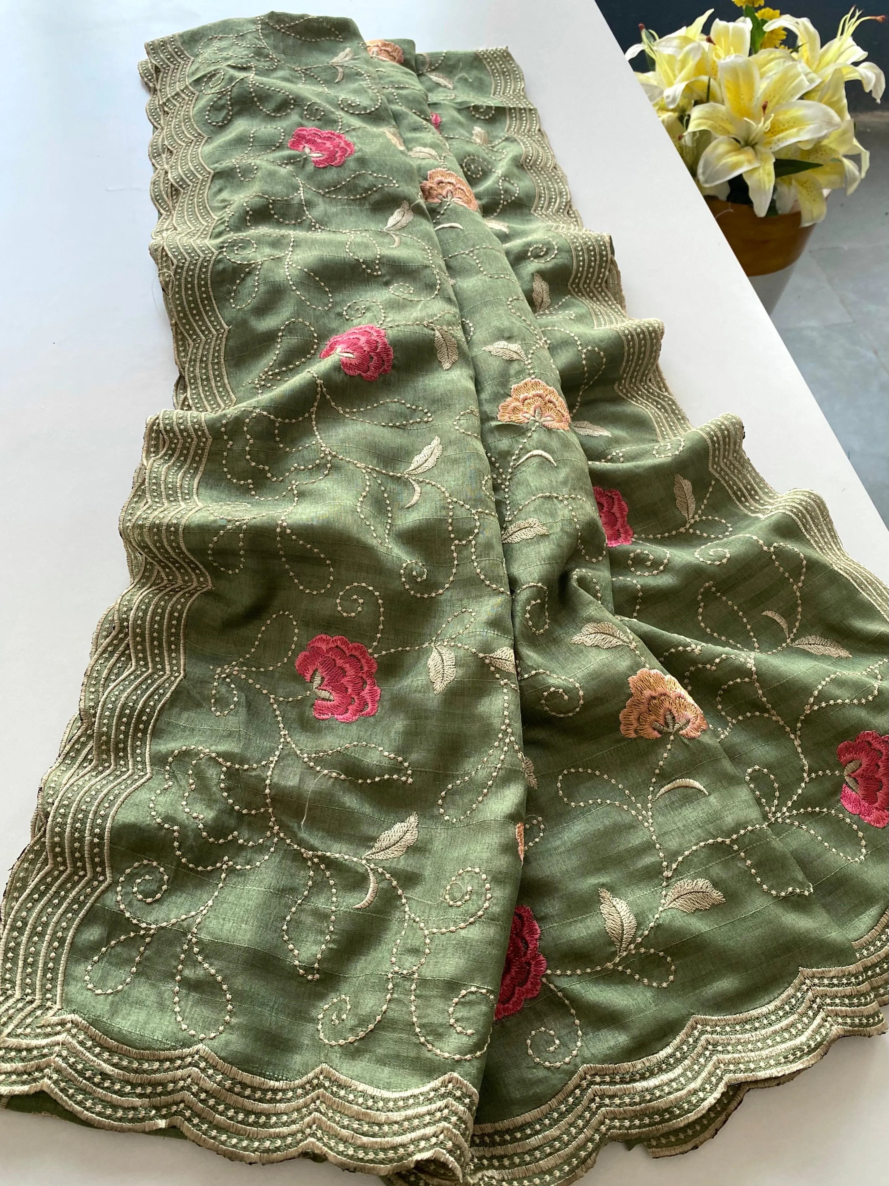 Tussar Silk Embroidery Jaal Floral Design Saree