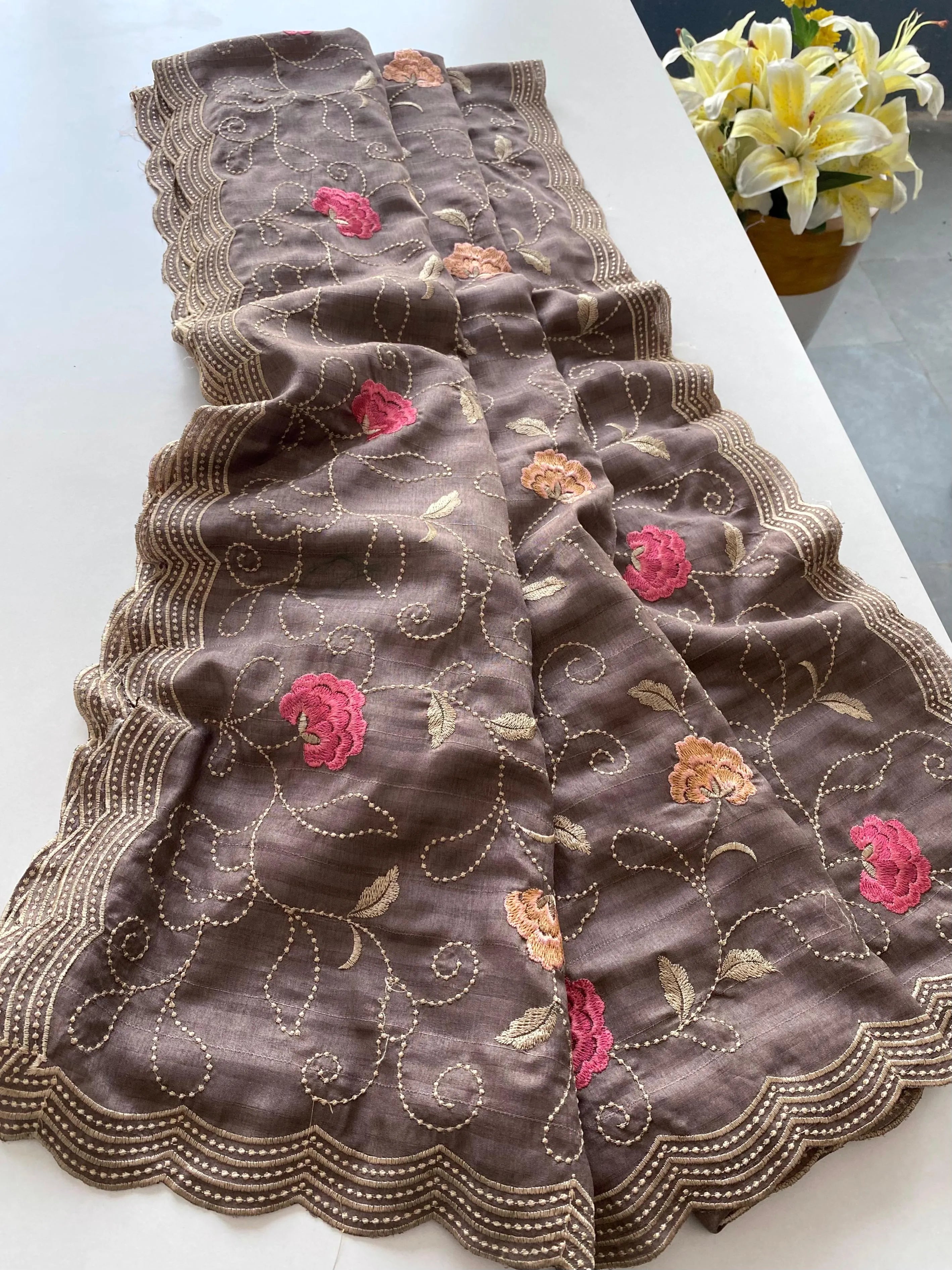 Tussar Silk Embroidery Jaal Floral Design Saree