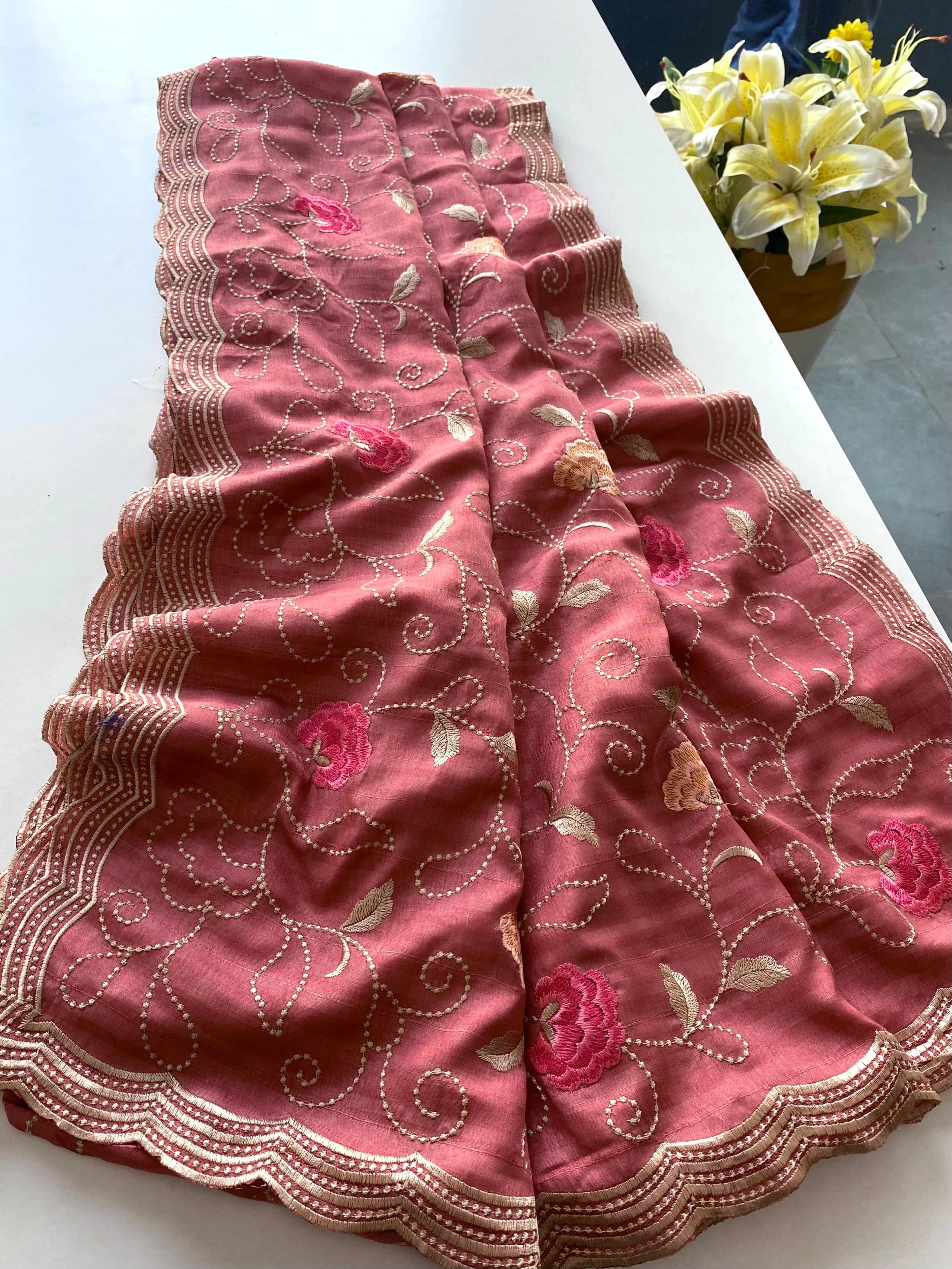 Tussar Silk Embroidery Jaal Floral Design Saree