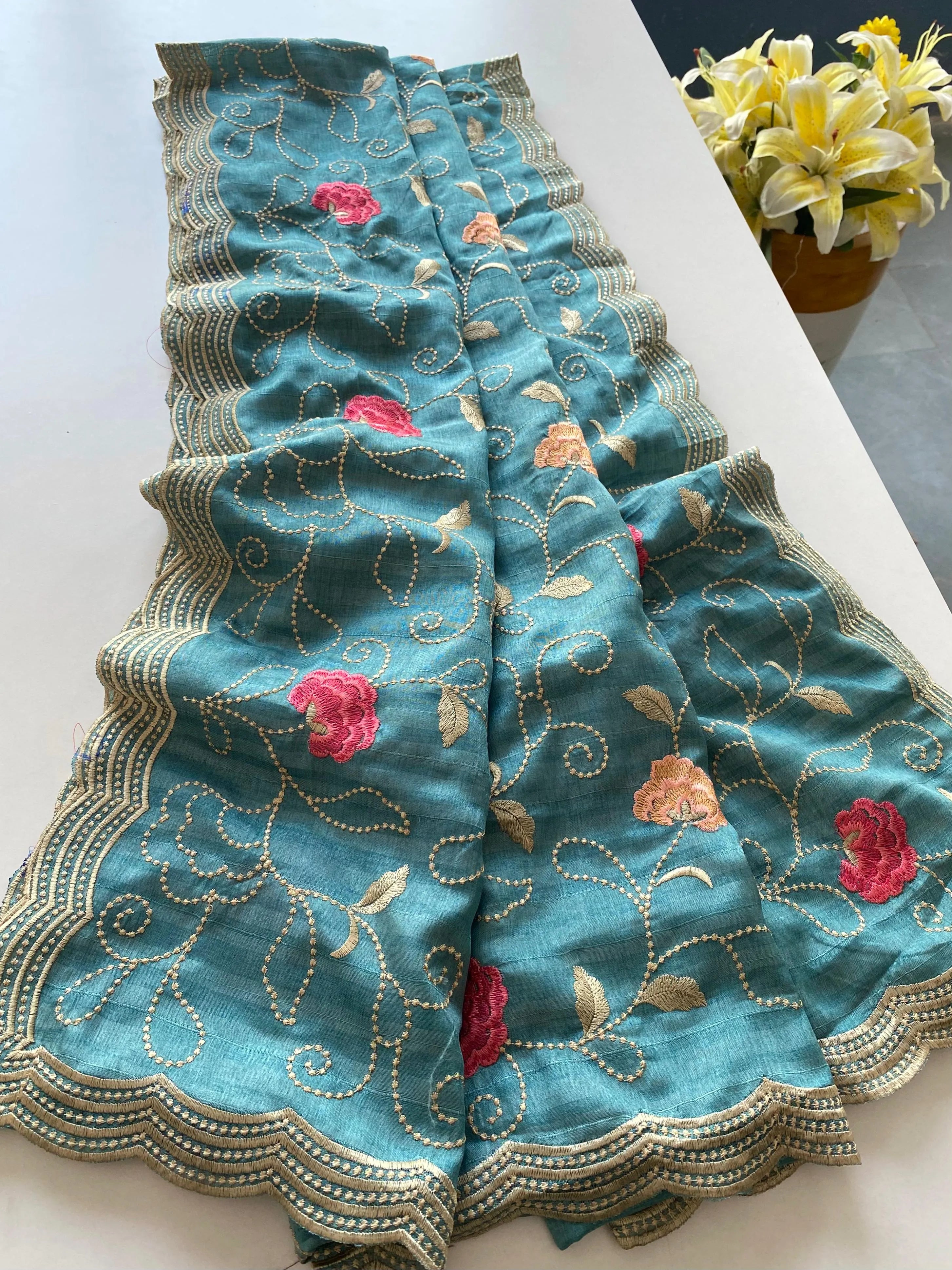Tussar Silk Embroidery Jaal Floral Design Saree