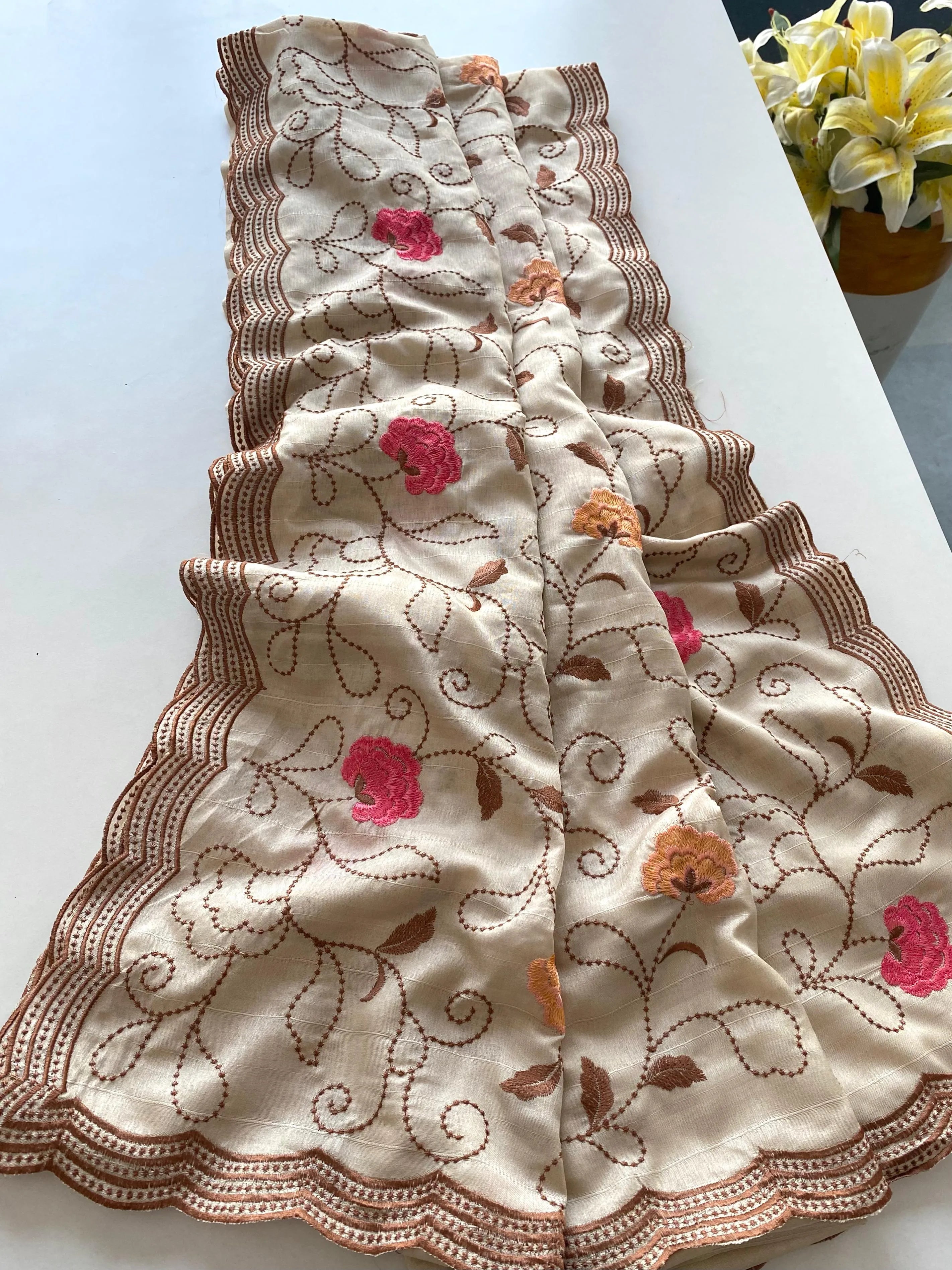 Tussar Silk Embroidery Jaal Floral Design Saree
