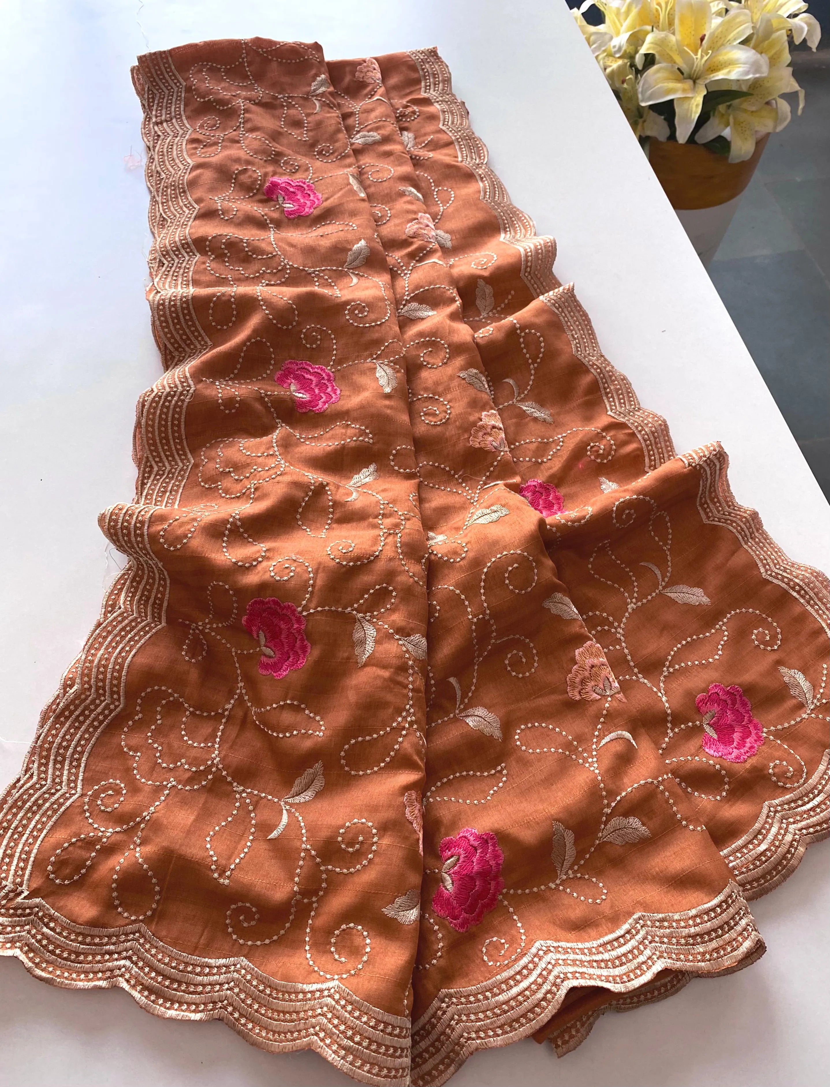 Tussar Silk Embroidery Jaal Floral Design Saree