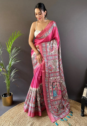 Tussar Silk Madhubani Digital Printed Saree