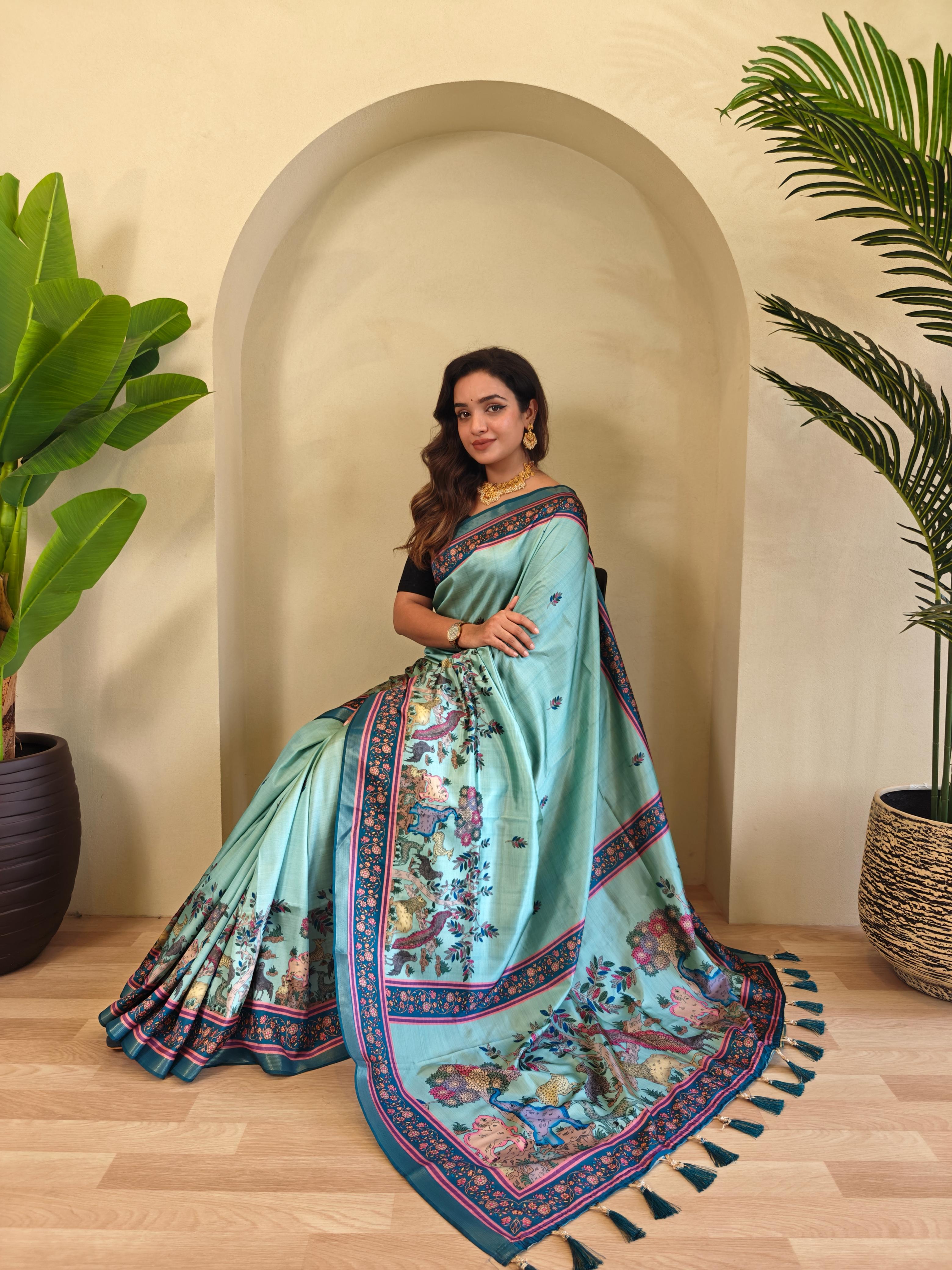 Dola Viscose Digital Printed Kalamkari Saree