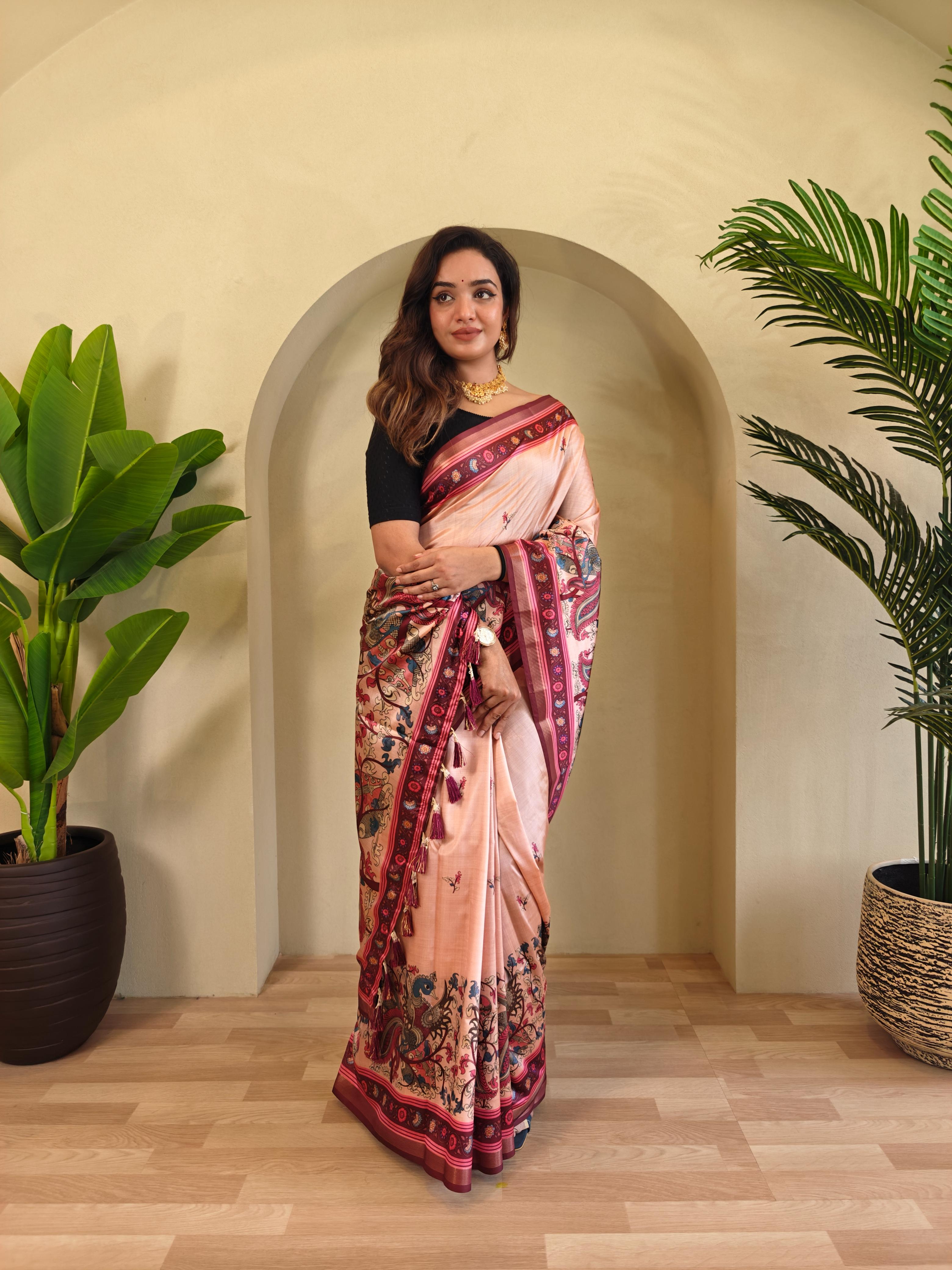 Dola Viscose Digital Printed Kalamkari Saree