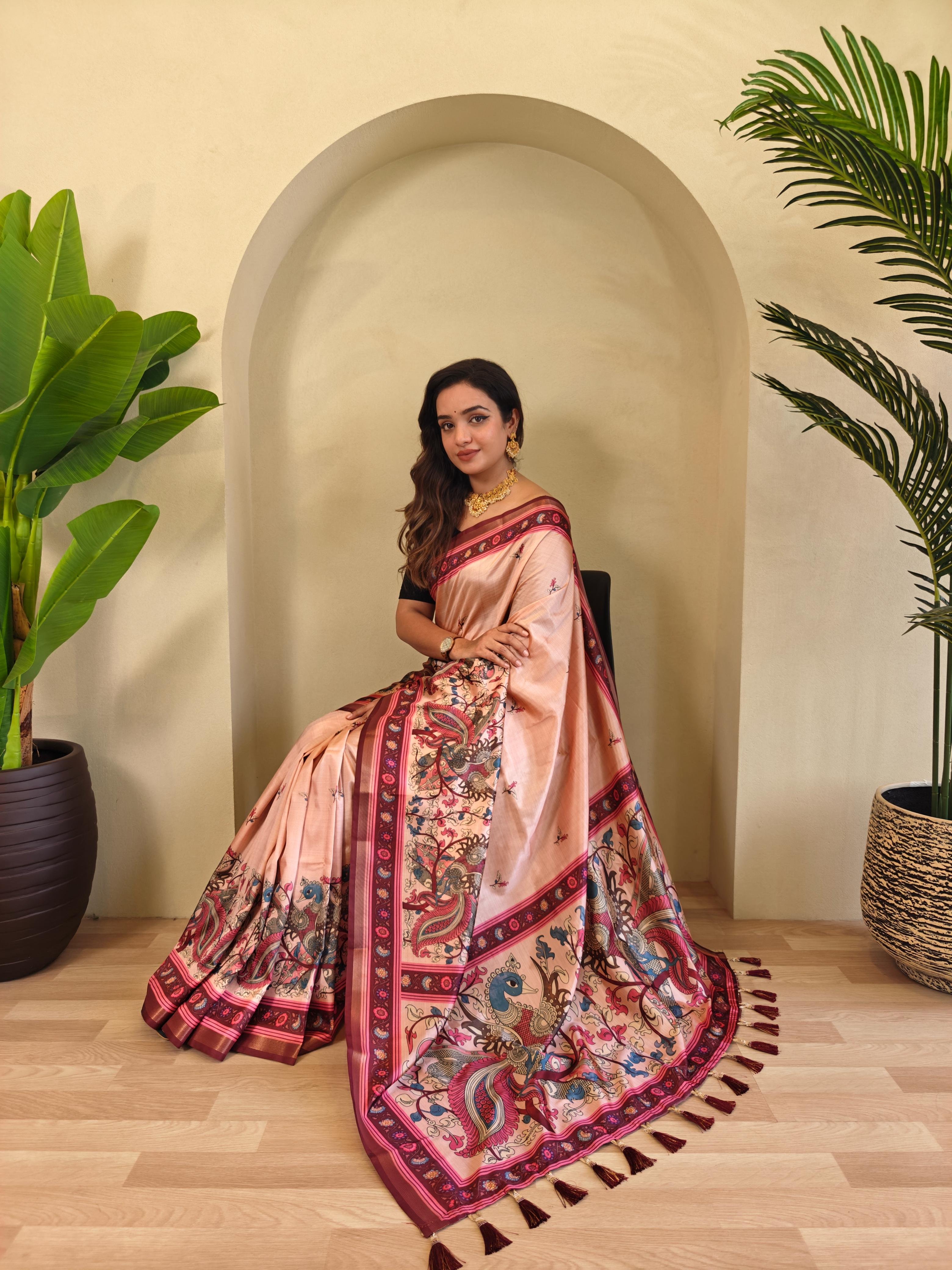 Dola Viscose Digital Printed Kalamkari Saree