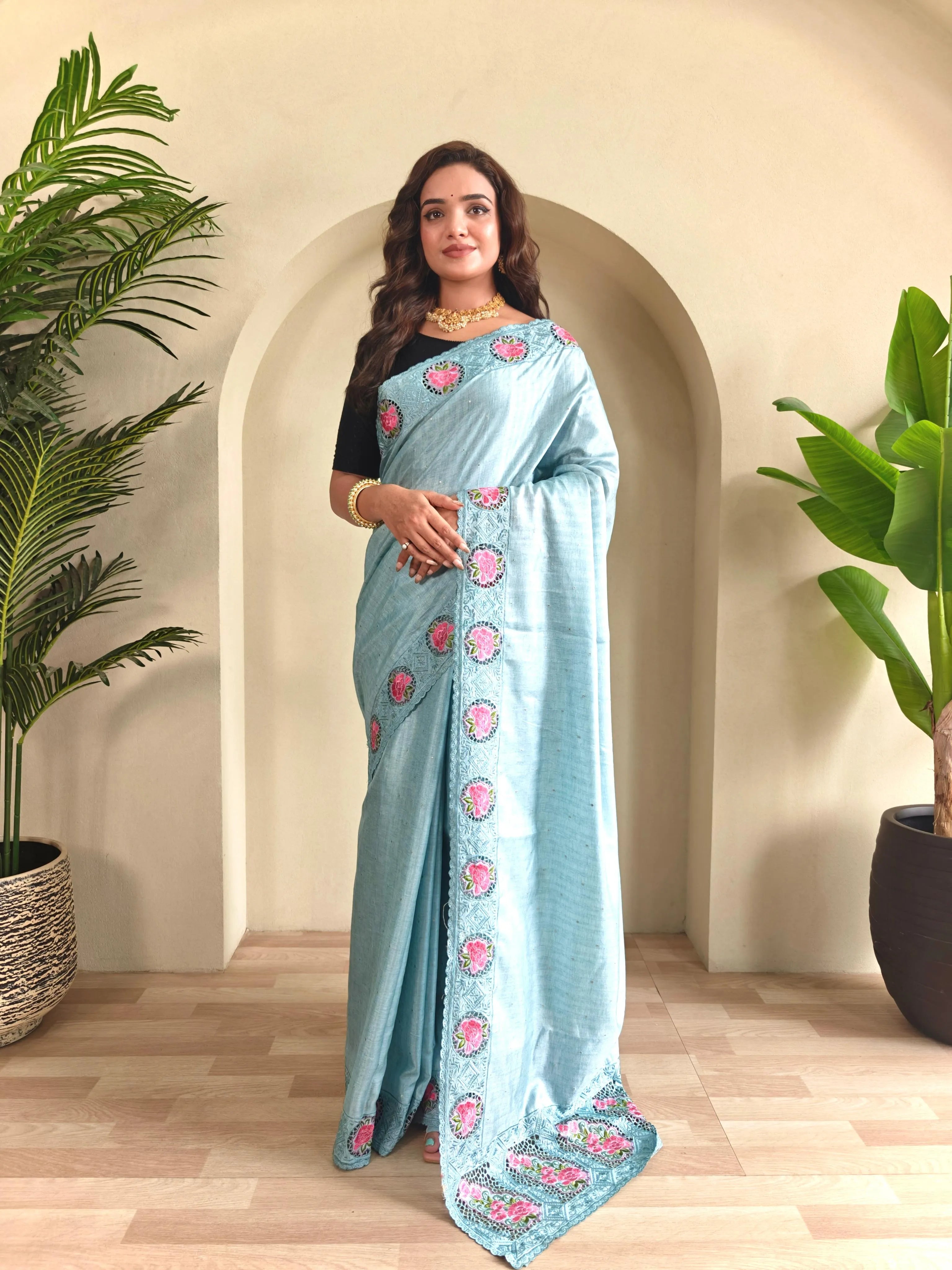 Tussar Silk Embroidered Designer Saree