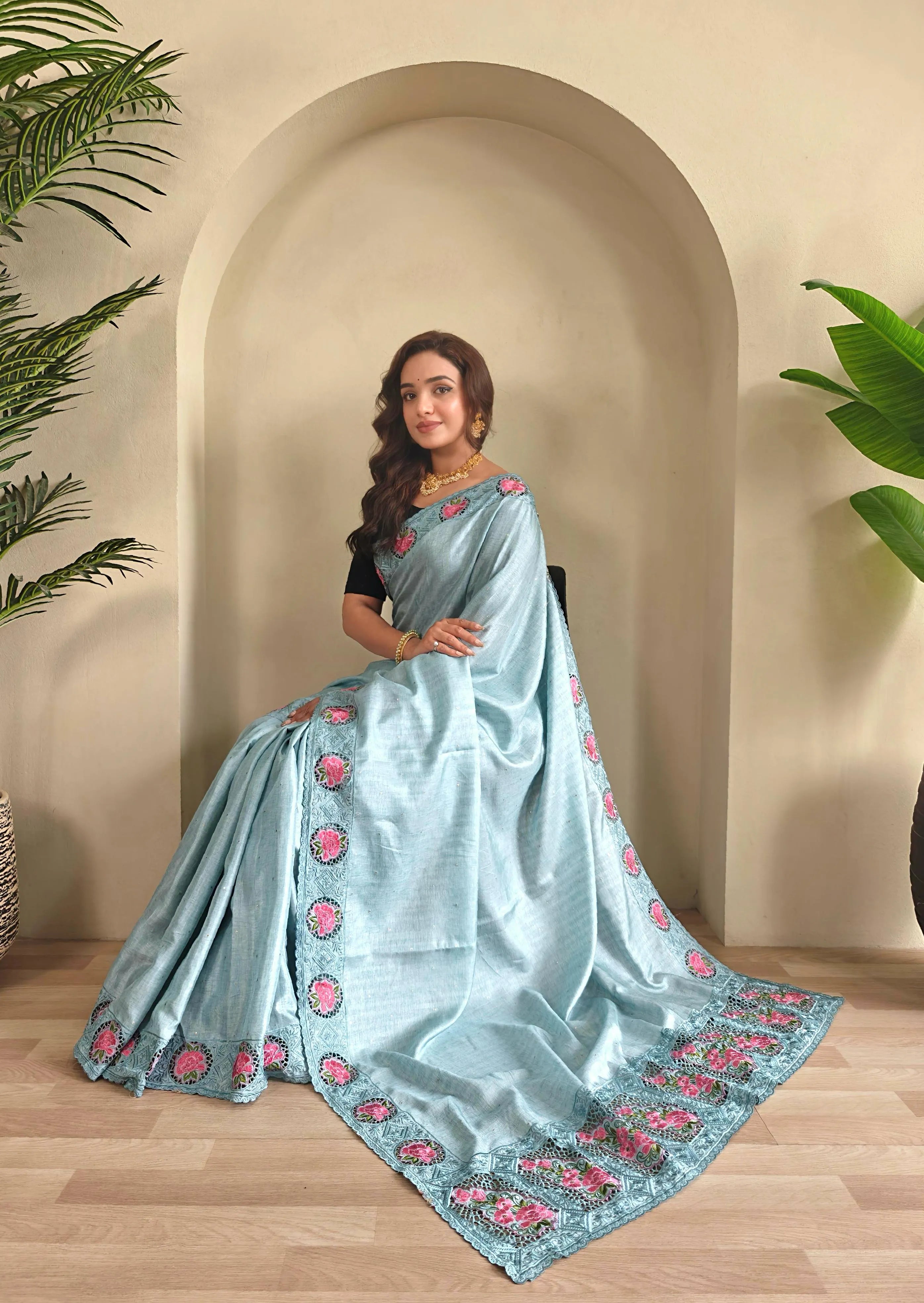 Tussar Silk Embroidered Designer Saree