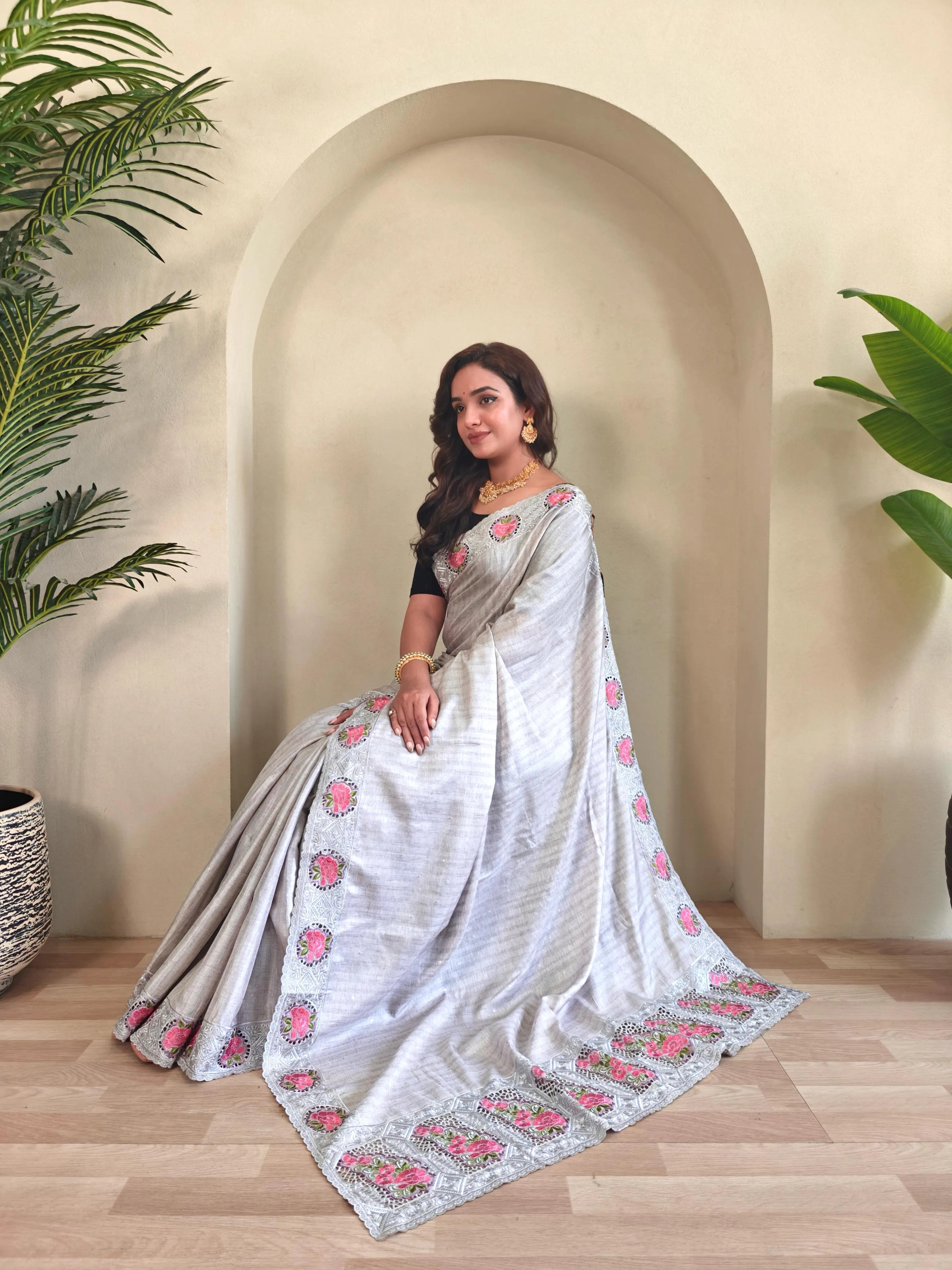 Tussar Silk Embroidered Designer Saree