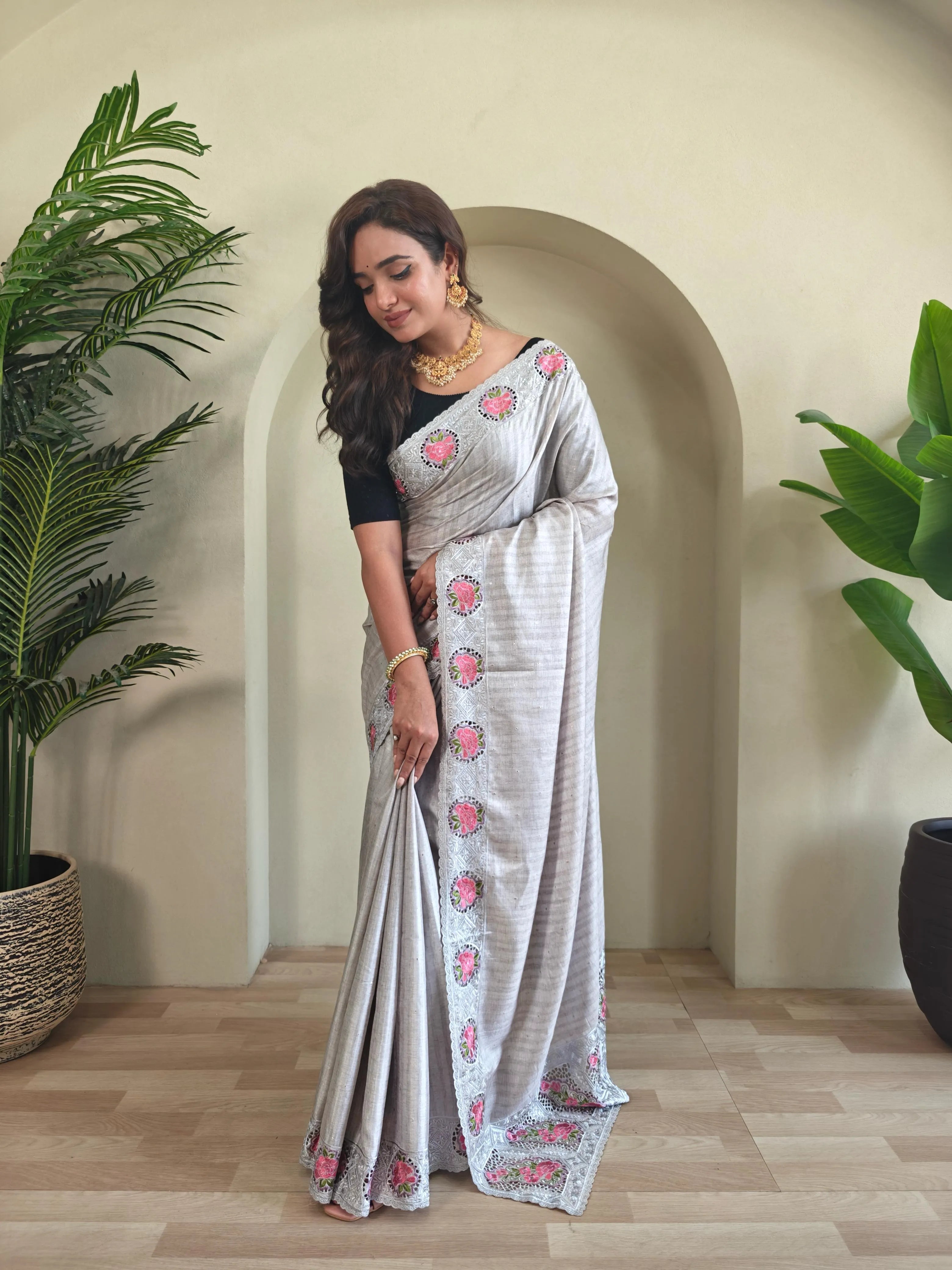 Tussar Silk Embroidered Designer Saree