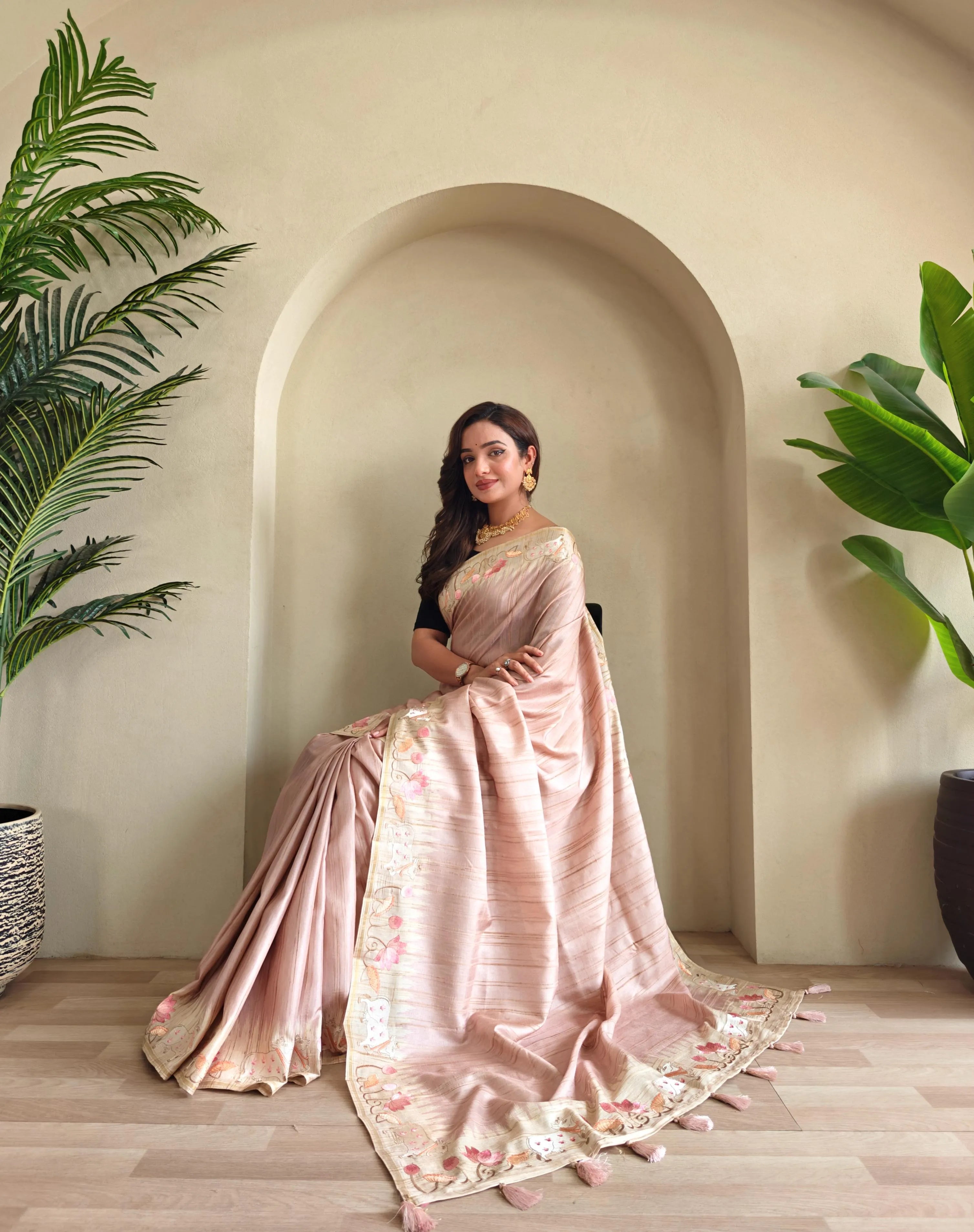 Pure Loom Tussar Silk Embroidery Pichwai Zari Piping Saree