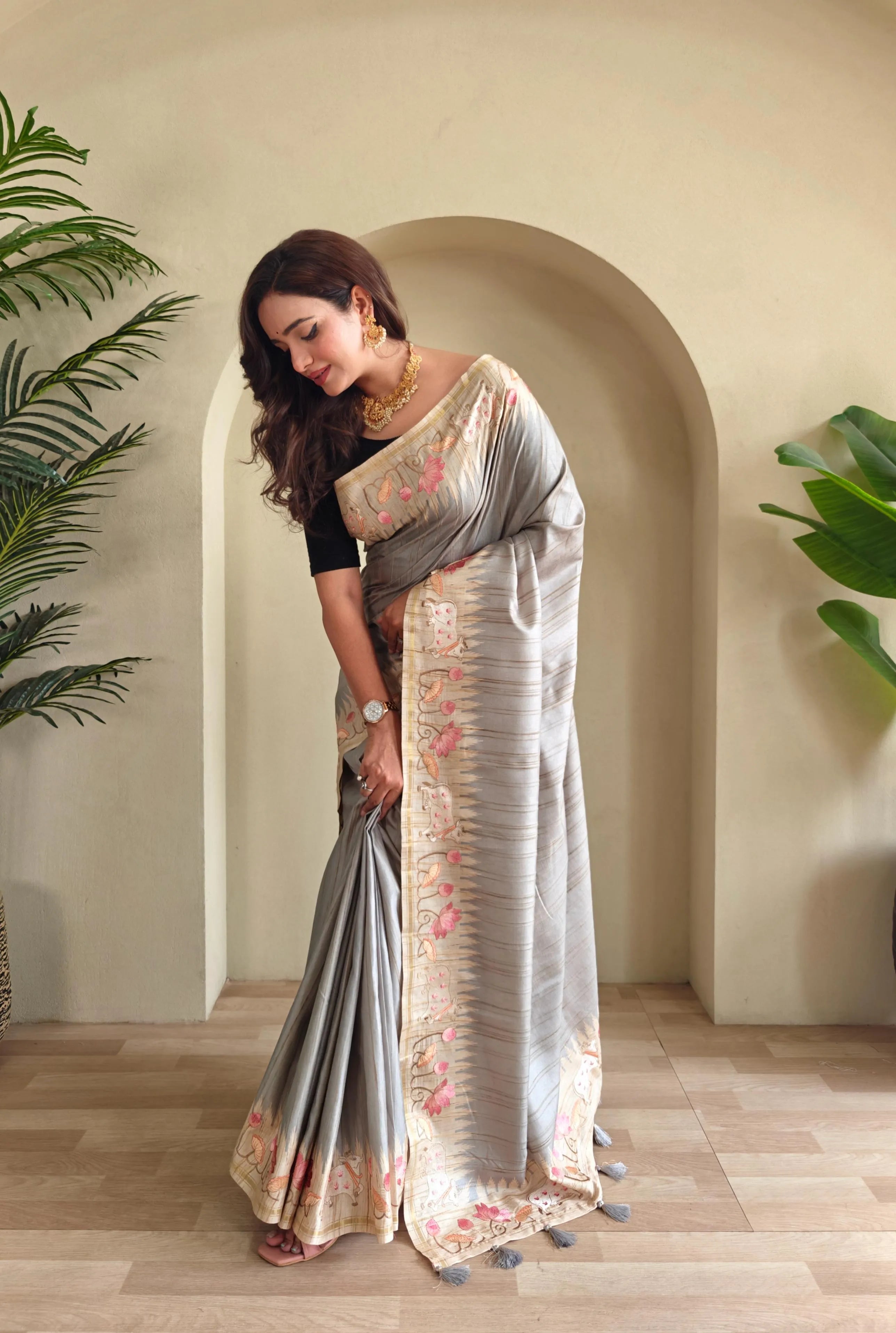 Pure Loom Tussar Silk Embroidery Pichwai Zari Piping Saree