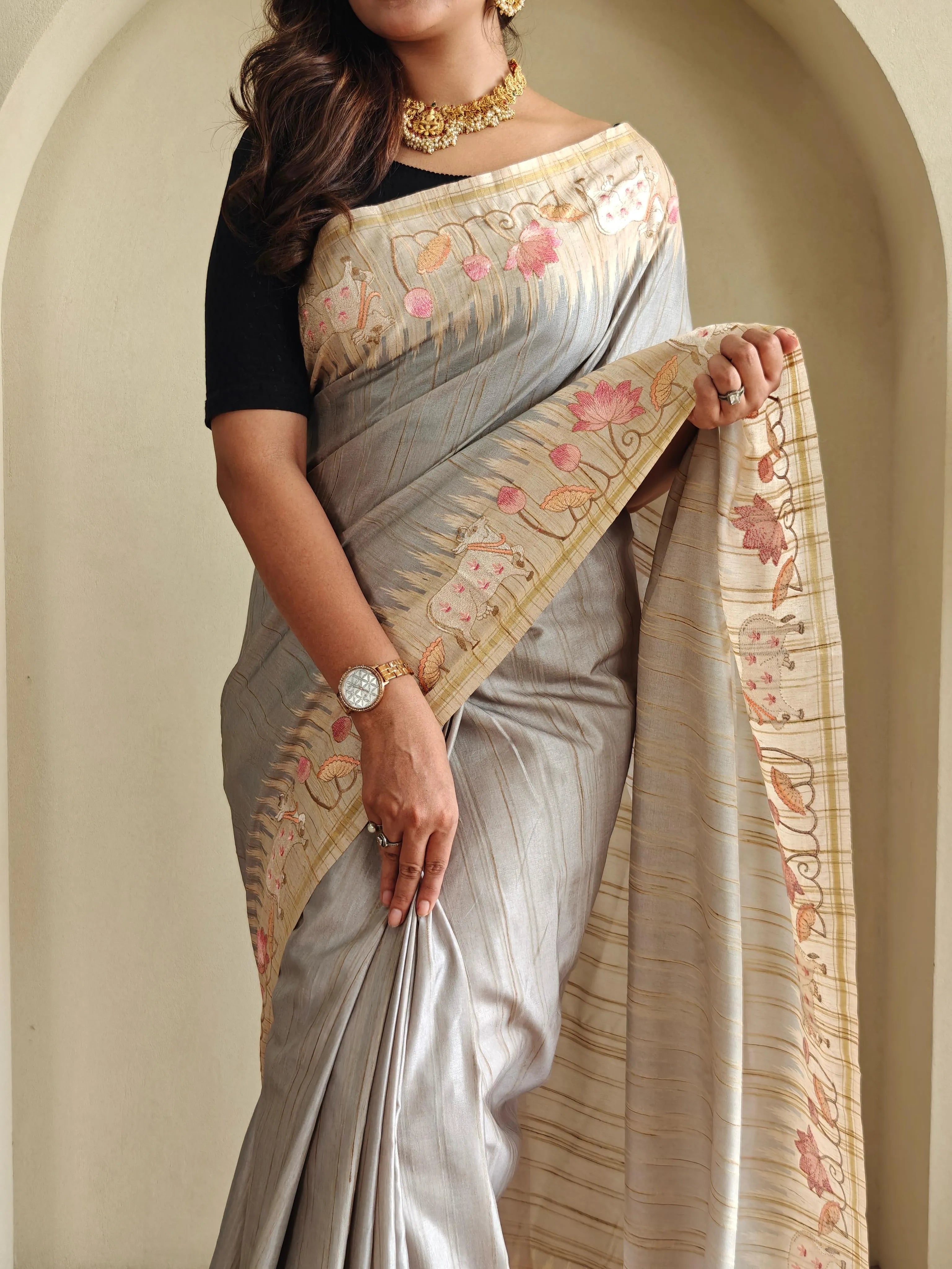 Pure Loom Tussar Silk Embroidery Pichwai Zari Piping Saree