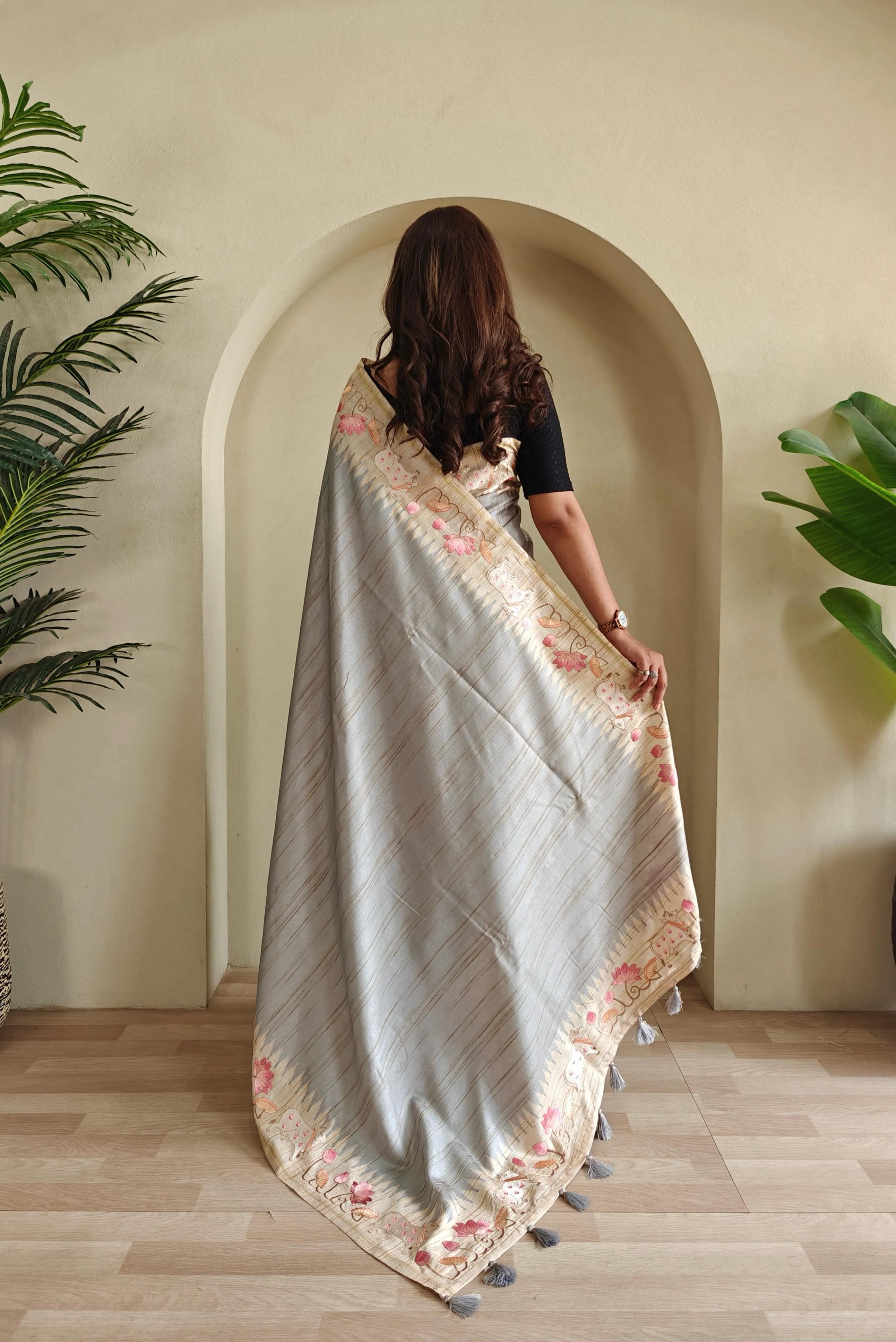 Pure Loom Tussar Silk Embroidery Pichwai Zari Piping Saree