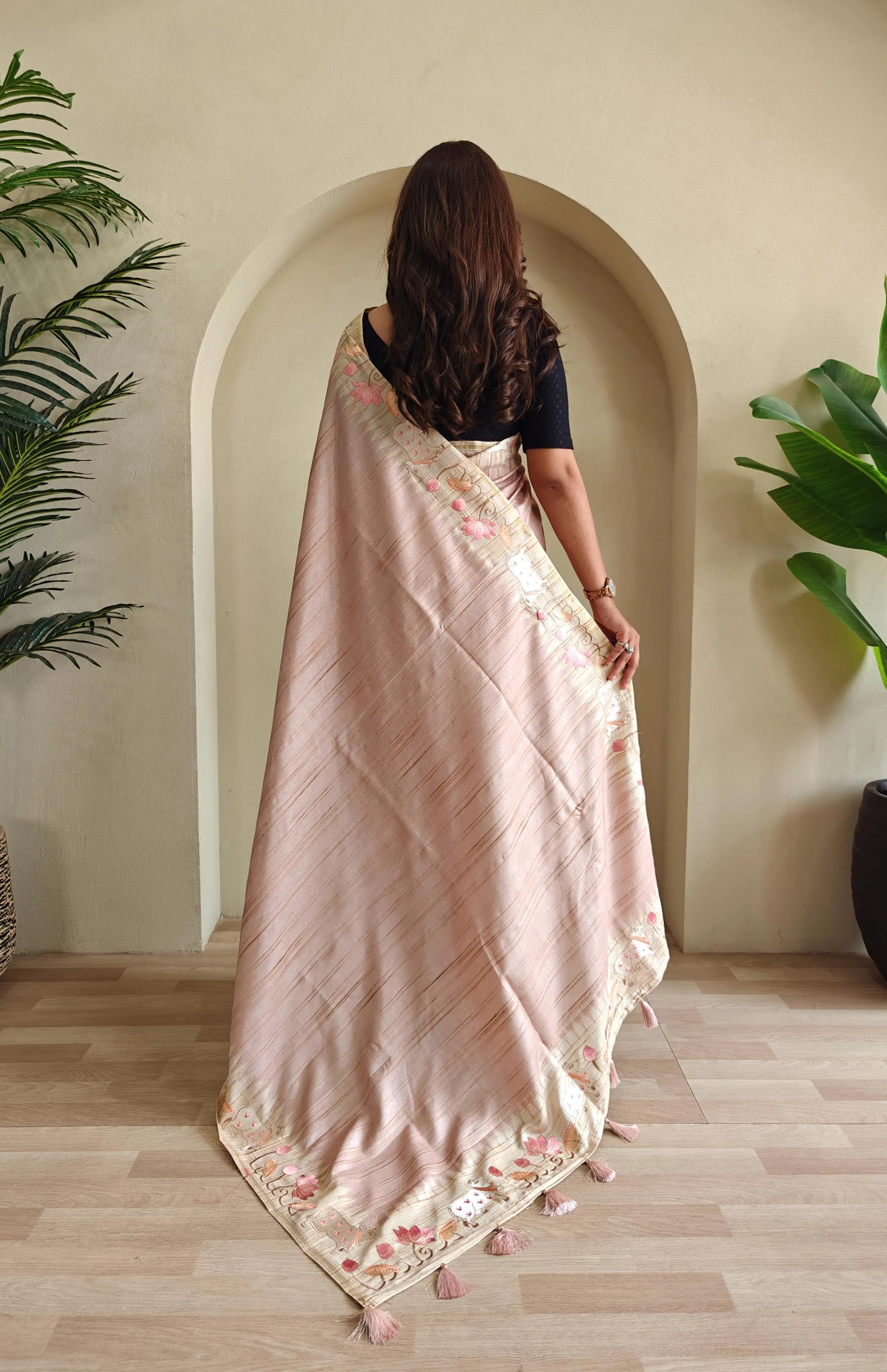 Pure Loom Tussar Silk Embroidery Pichwai Zari Piping Saree