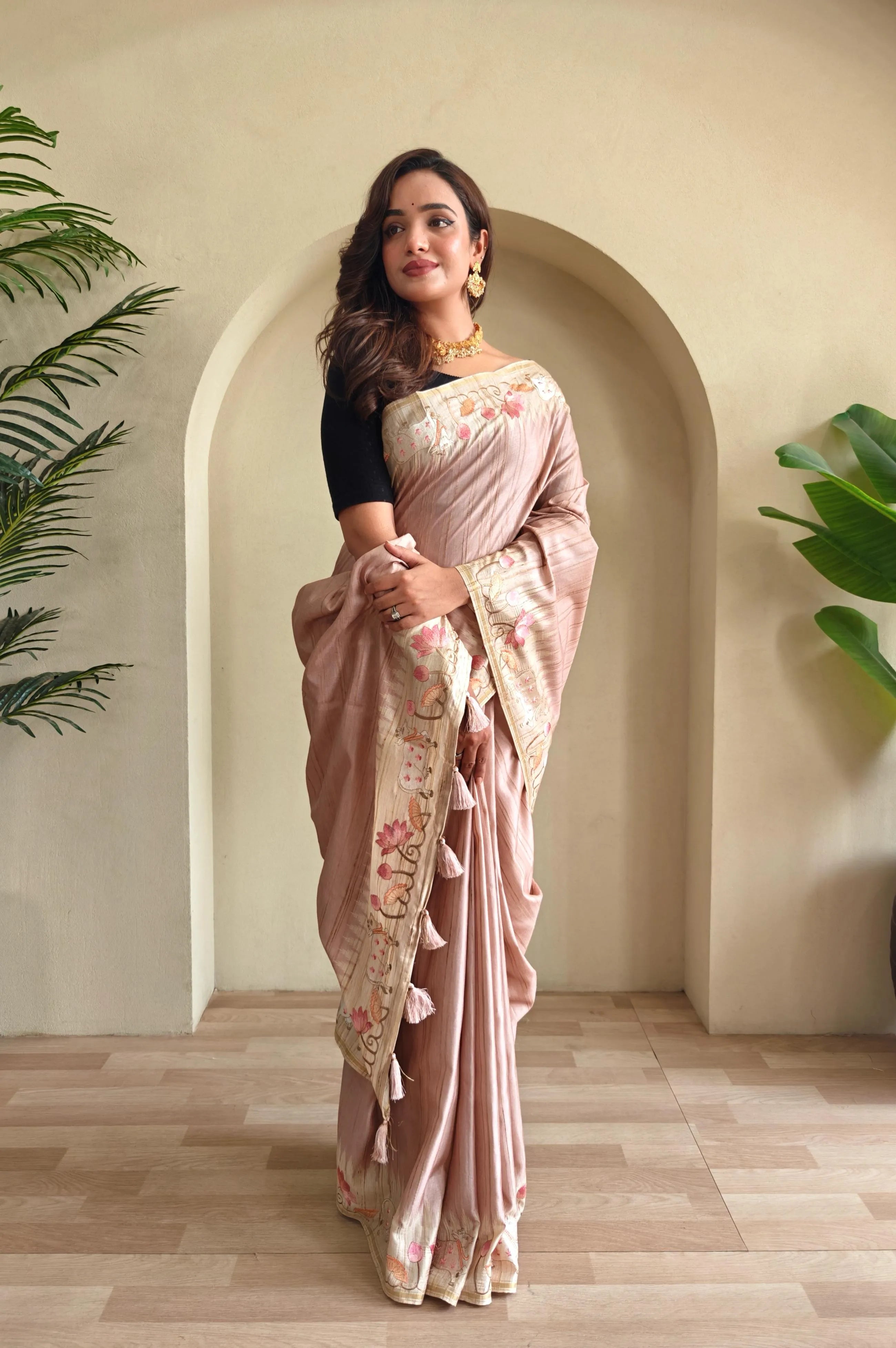 Pure Loom Tussar Silk Embroidery Pichwai Zari Piping Saree
