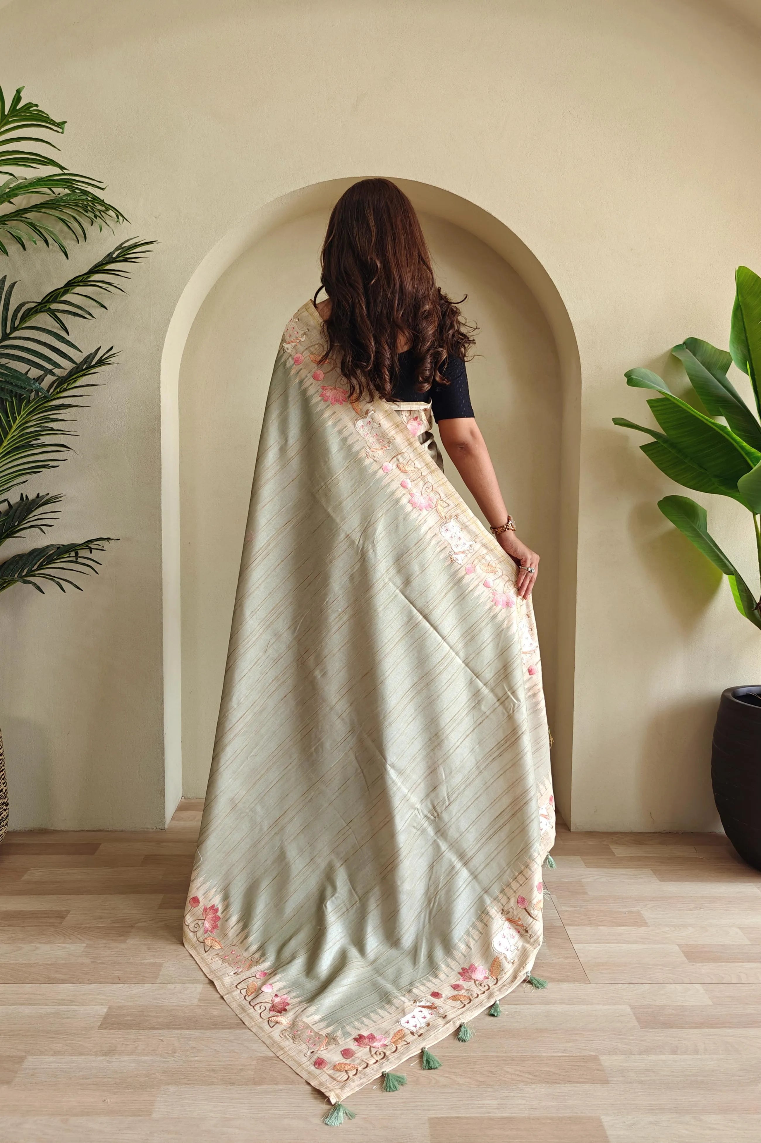 Pure Loom Tussar Silk Embroidery Pichwai Zari Piping Saree