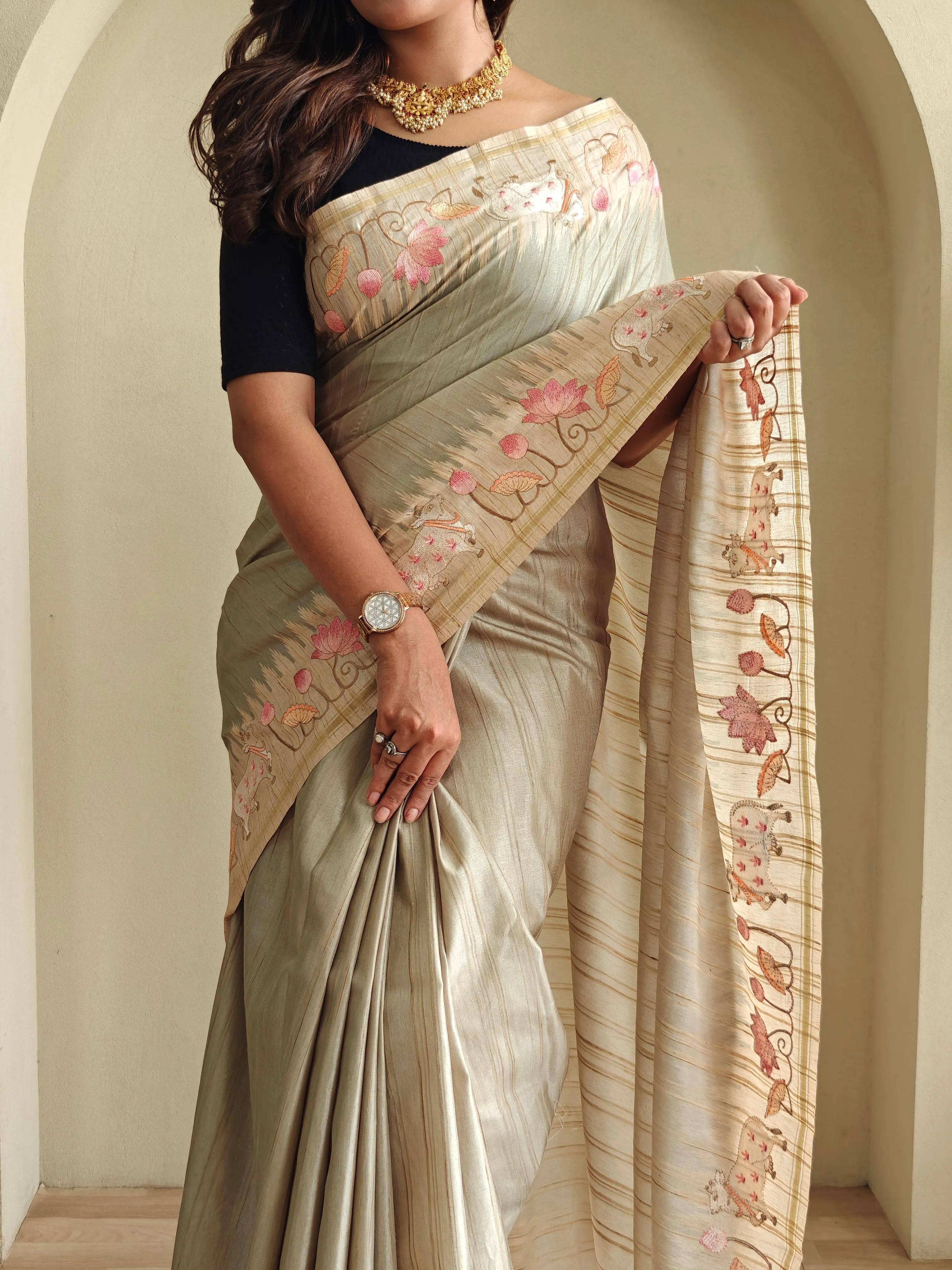 Pure Loom Tussar Silk Embroidery Pichwai Zari Piping Saree