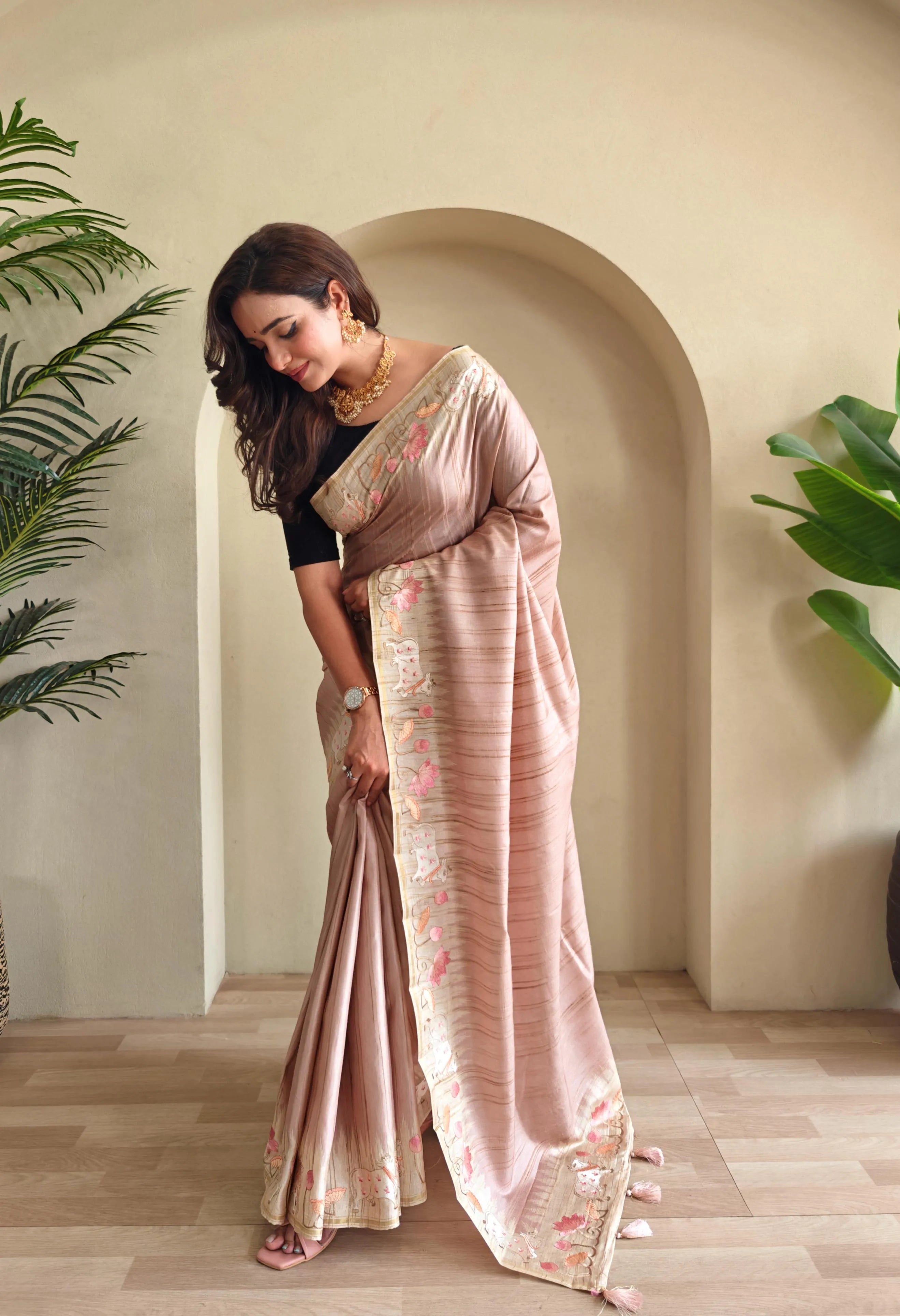 Pure Loom Tussar Silk Embroidery Pichwai Zari Piping Saree