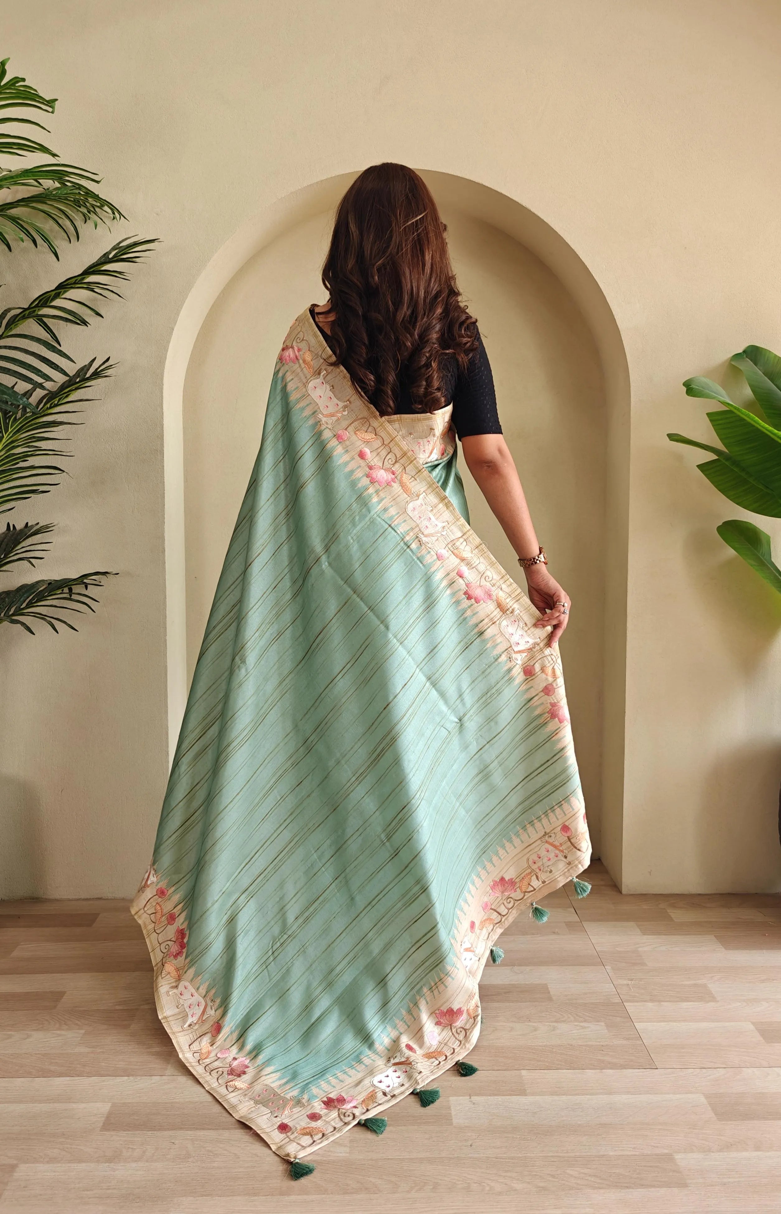 Pure Loom Tussar Silk Embroidery Pichwai Zari Piping Saree