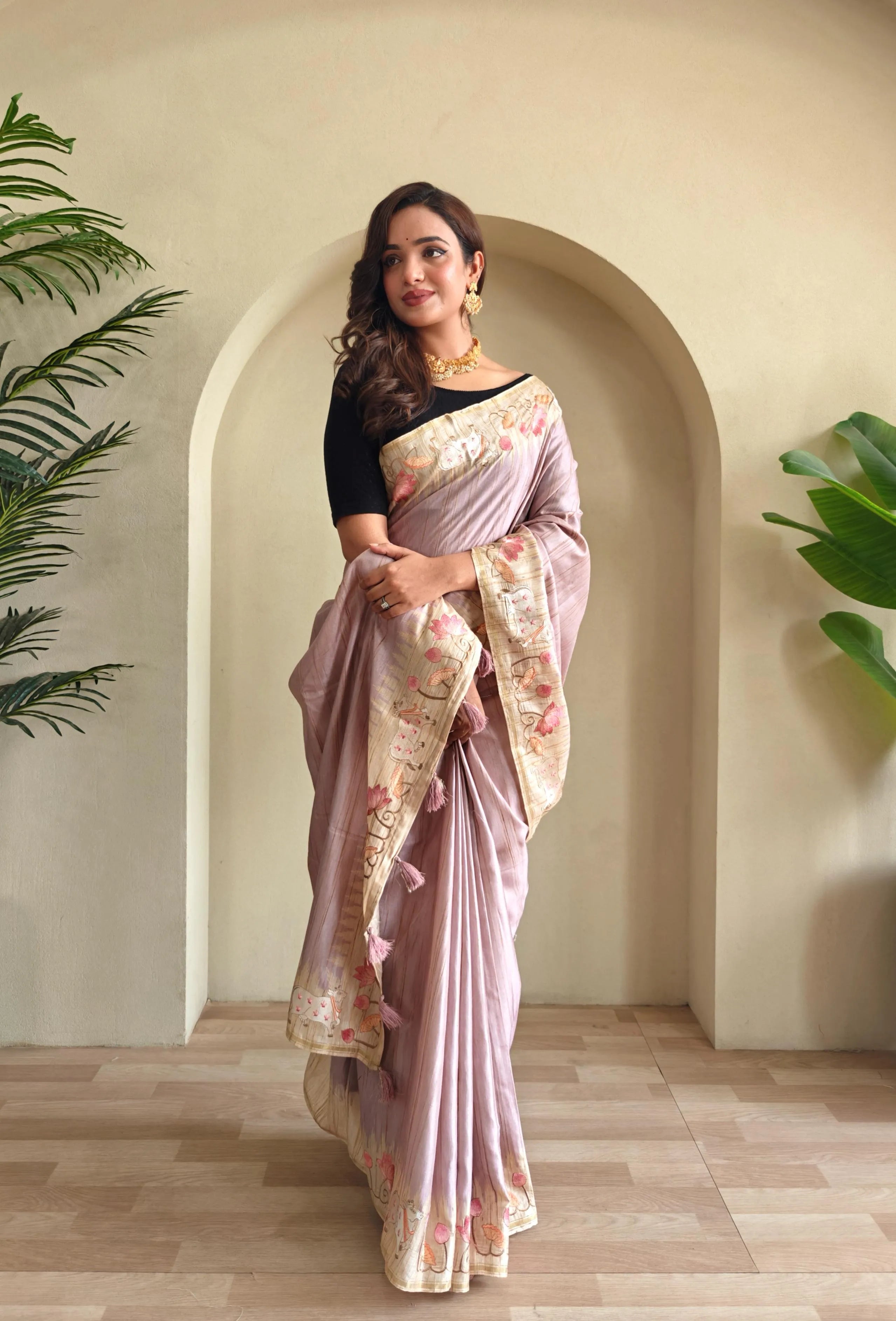 Pure Loom Tussar Silk Embroidery Pichwai Zari Piping Saree