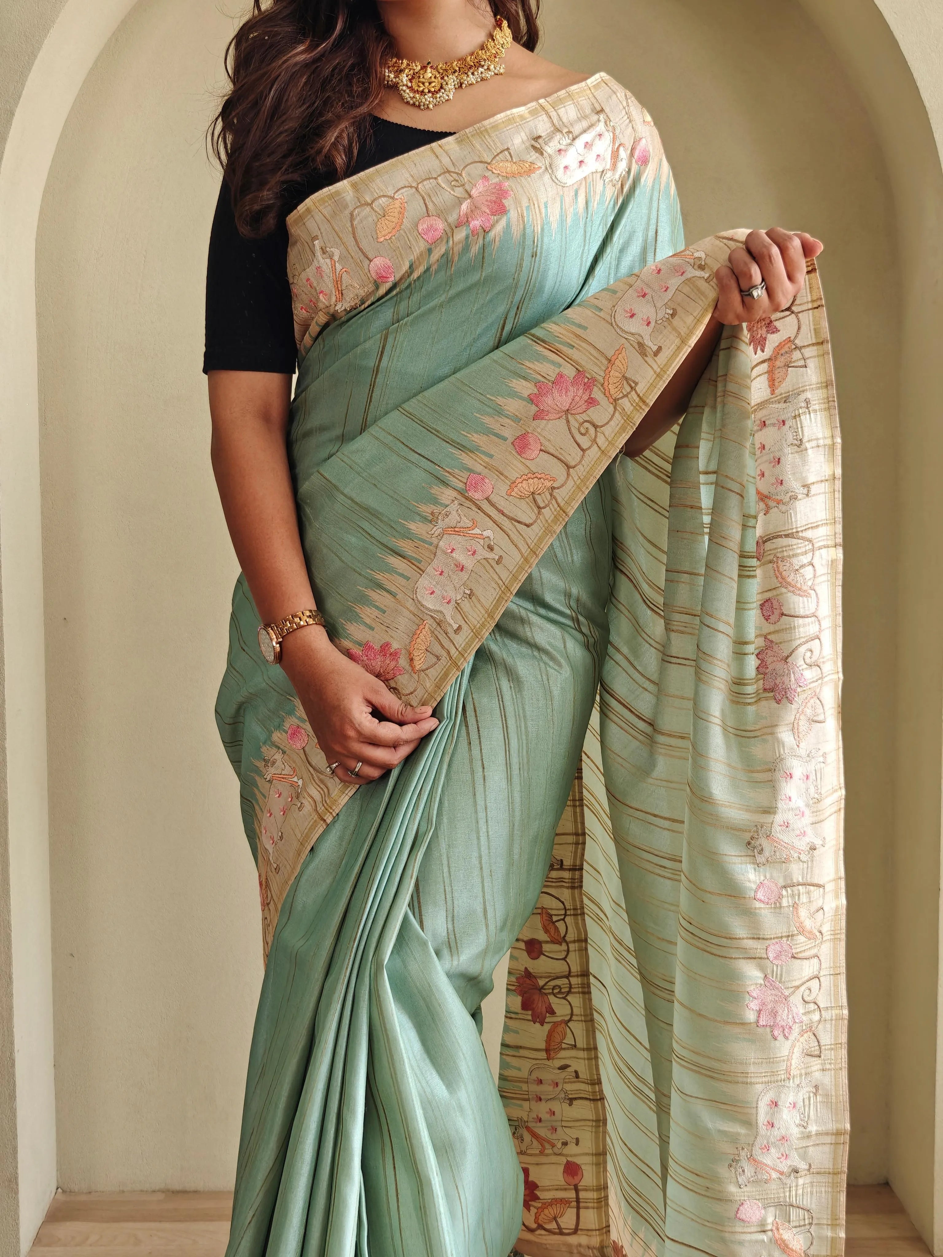 Pure Loom Tussar Silk Embroidery Pichwai Zari Piping Saree