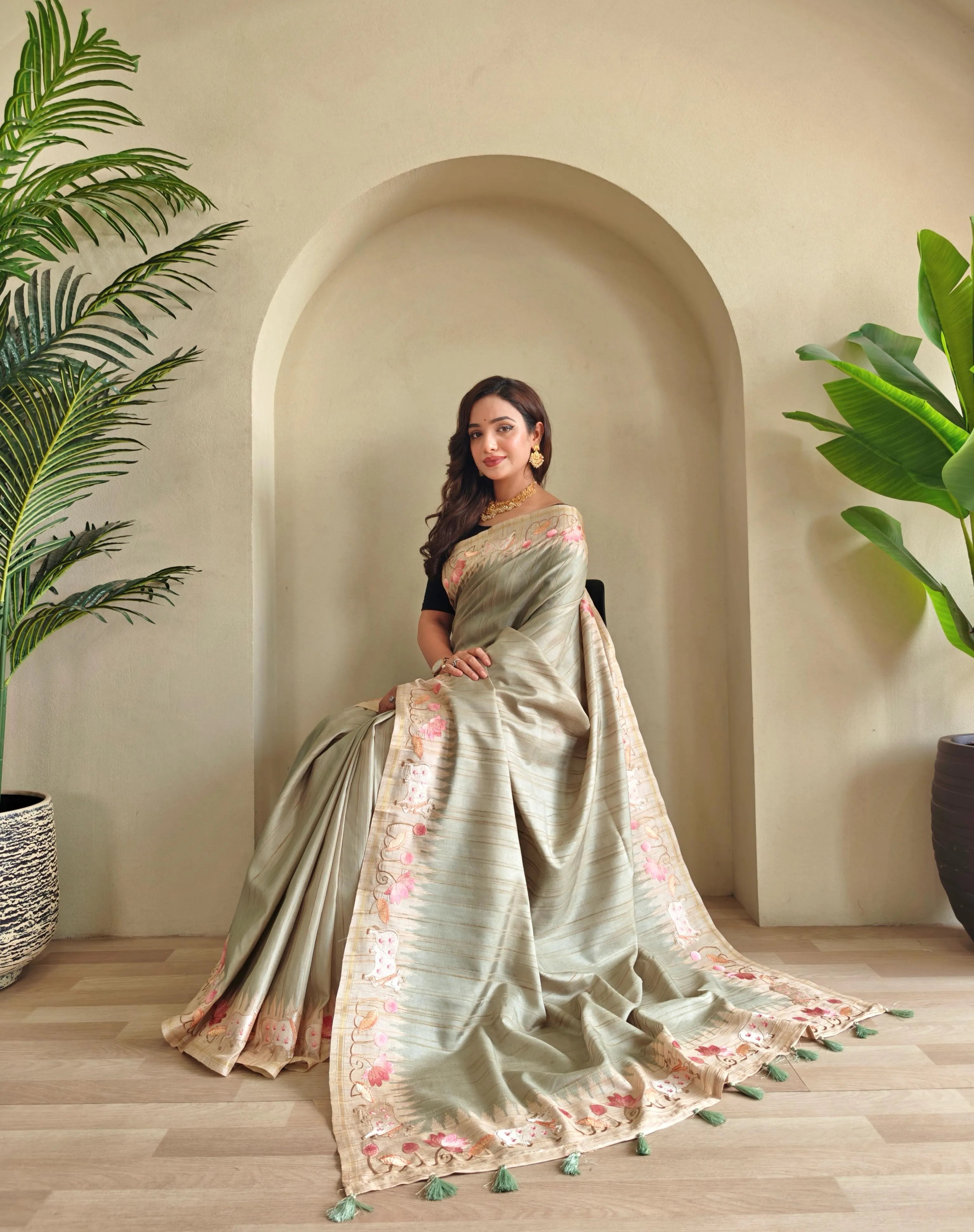 Pure Loom Tussar Silk Embroidery Pichwai Zari Piping Saree