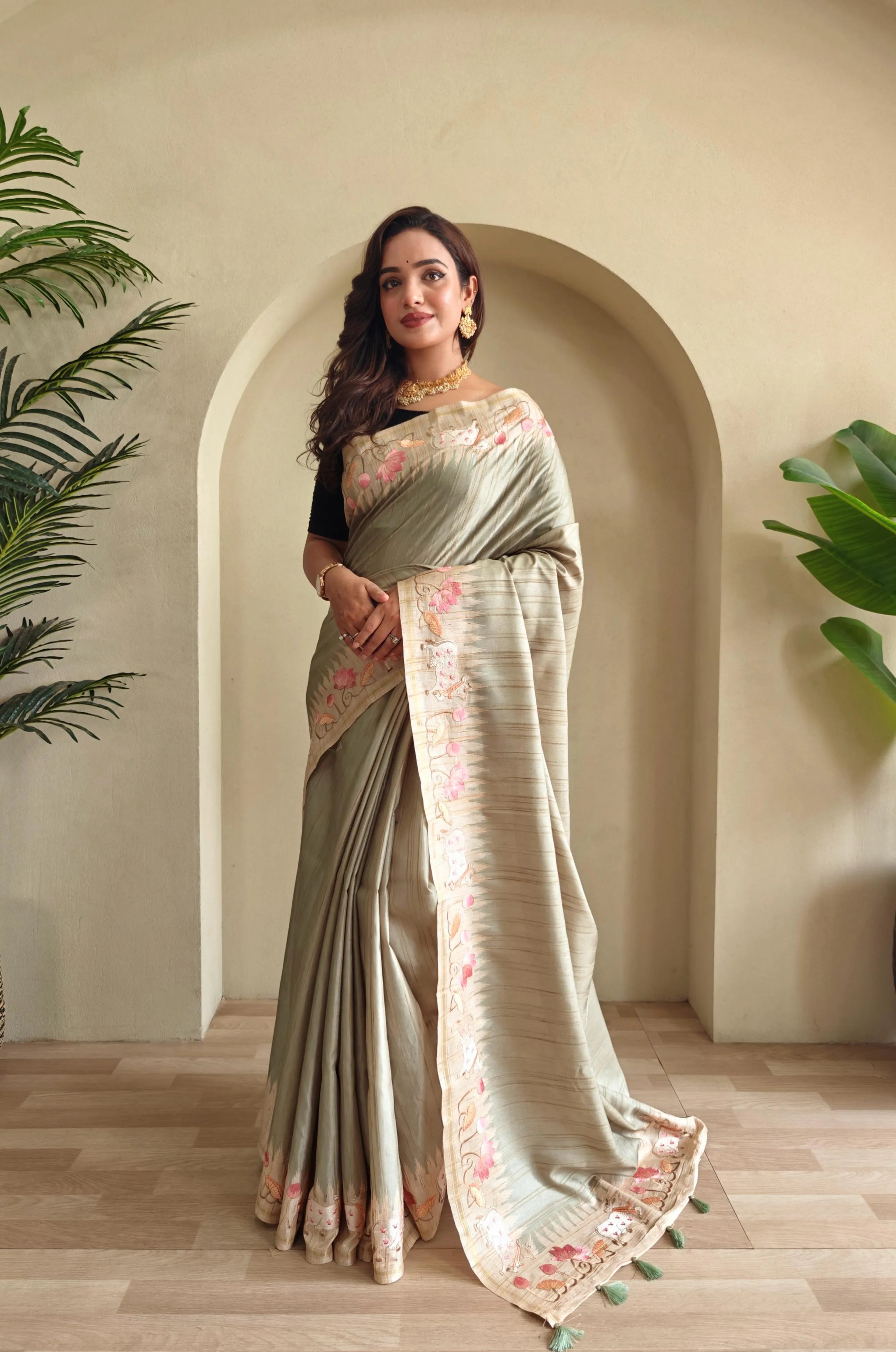 Pure Loom Tussar Silk Embroidery Pichwai Zari Piping Saree