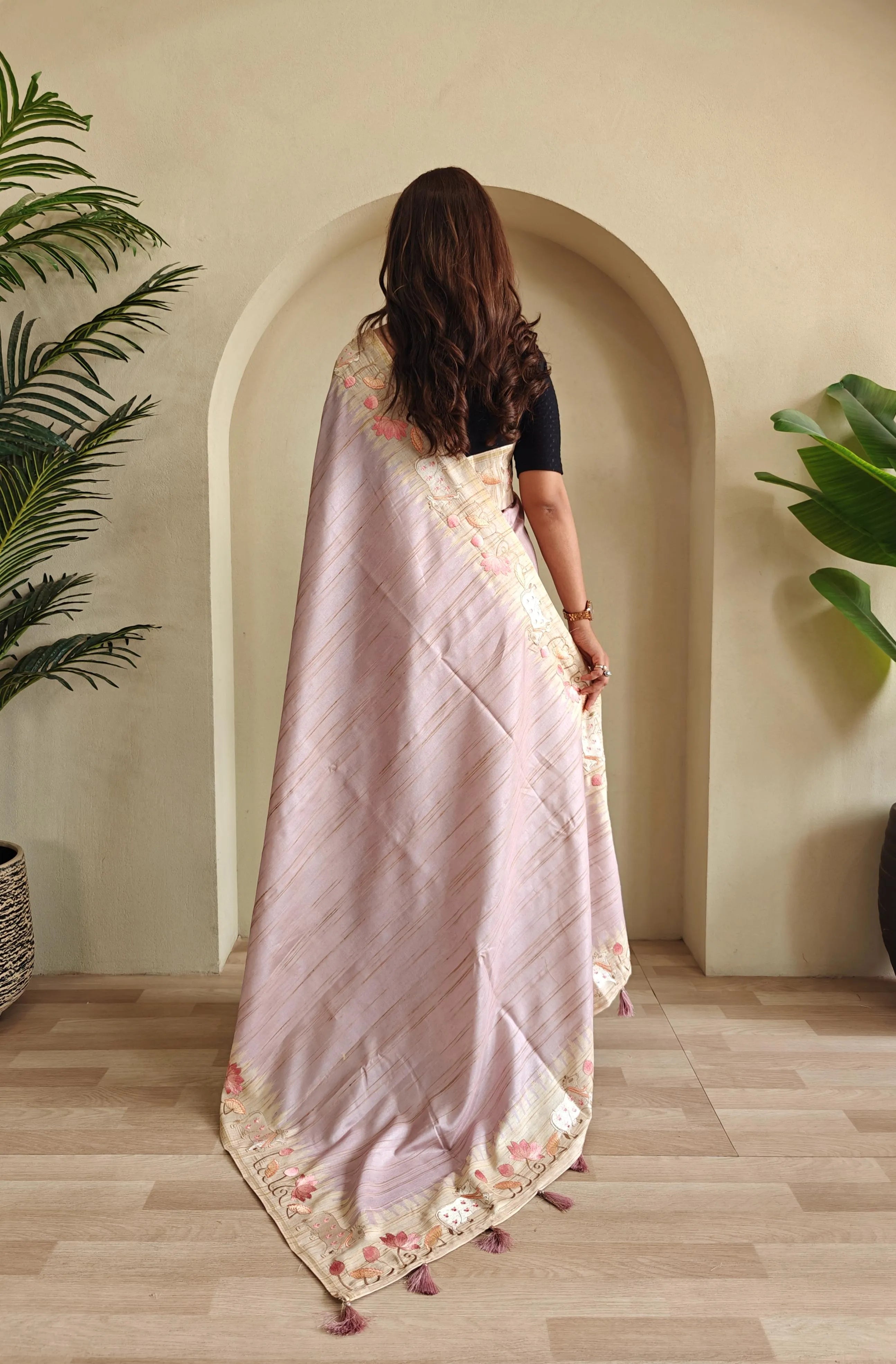 Pure Loom Tussar Silk Embroidery Pichwai Zari Piping Saree