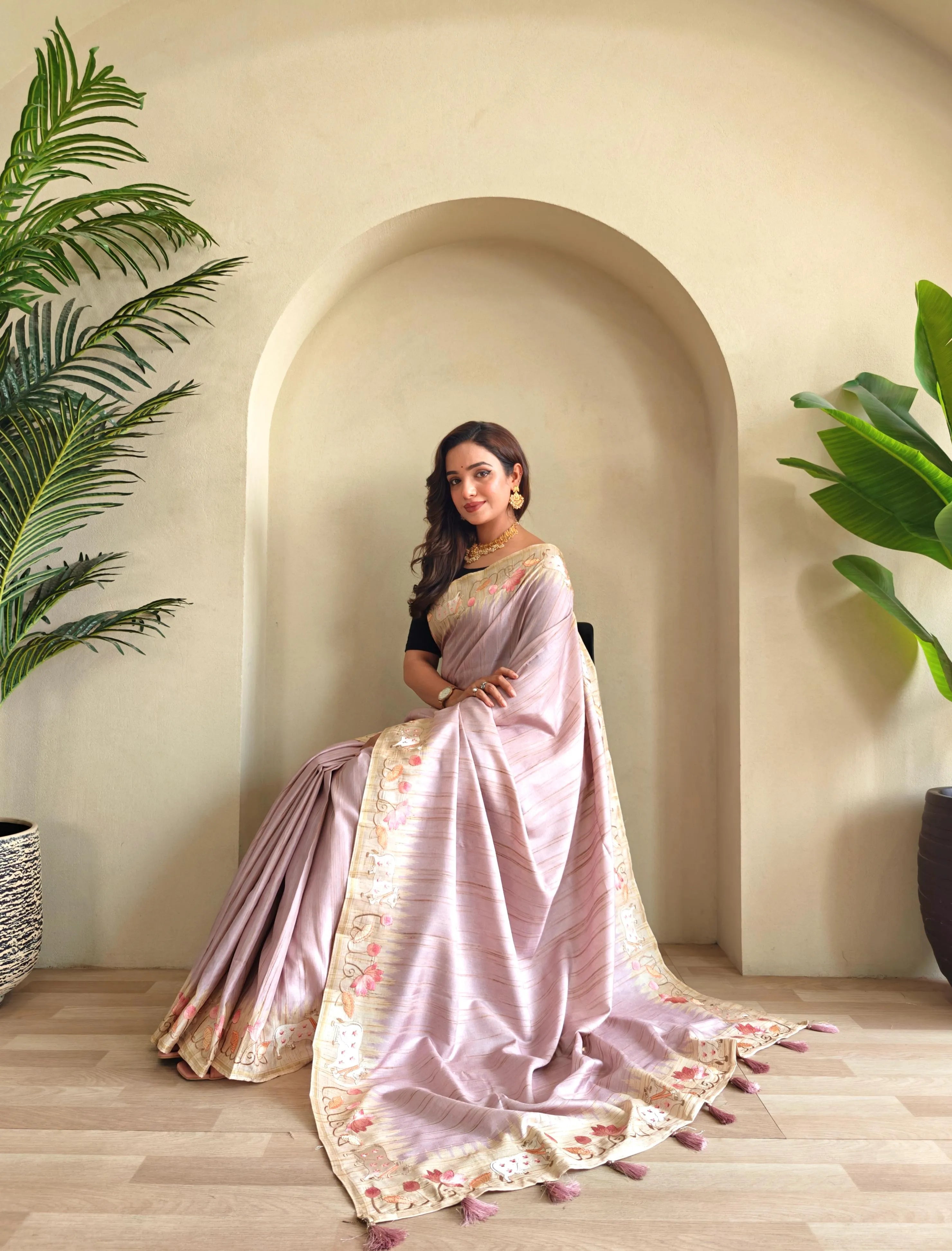 Pure Loom Tussar Silk Embroidery Pichwai Zari Piping Saree