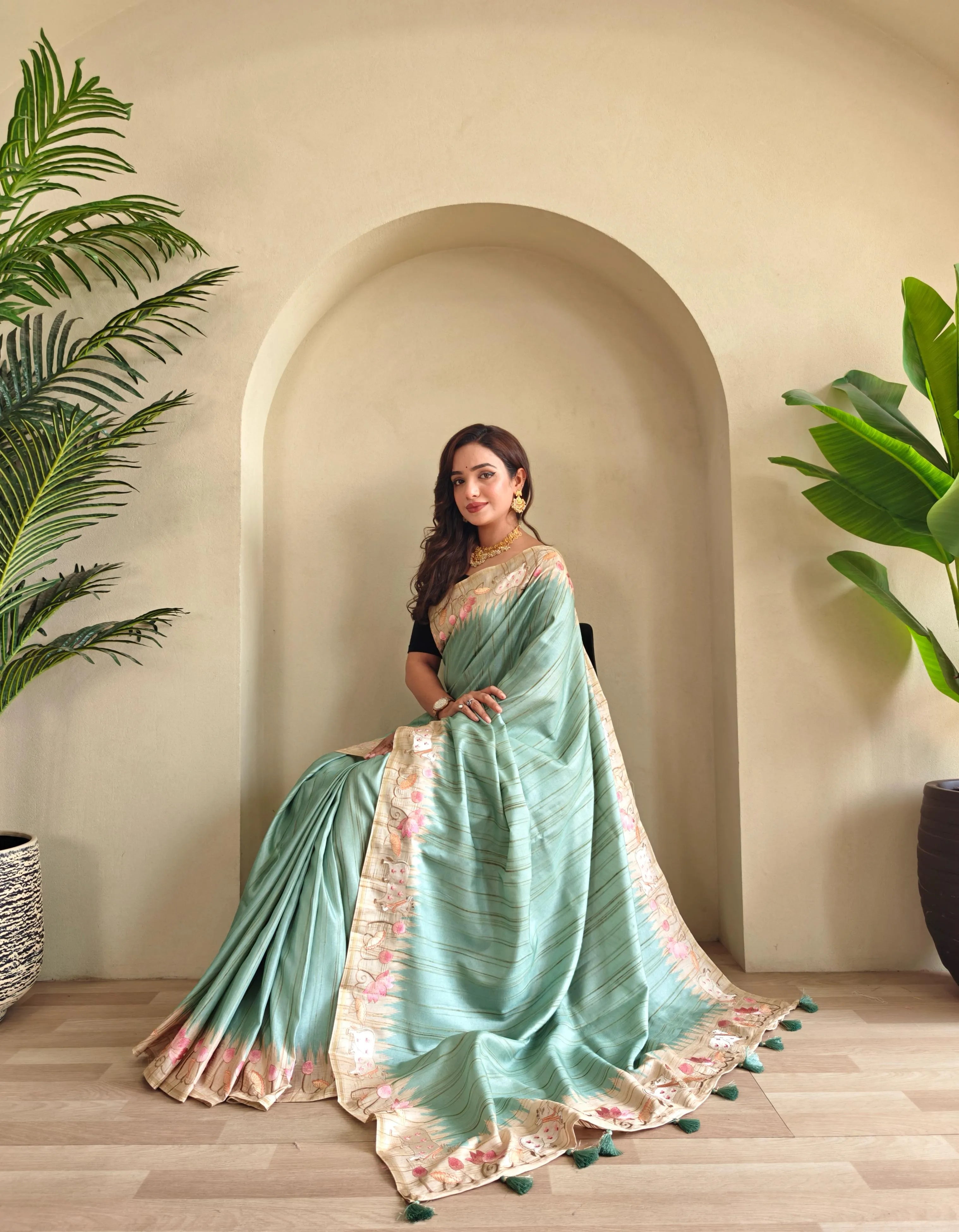 Pure Loom Tussar Silk Embroidery Pichwai Zari Piping Saree