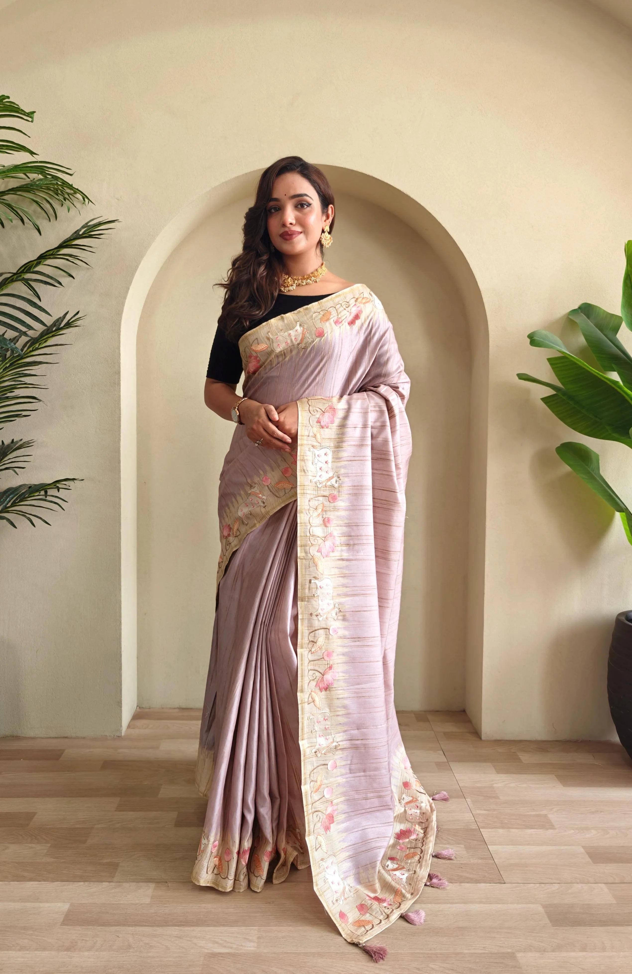 Pure Loom Tussar Silk Embroidery Pichwai Zari Piping Saree