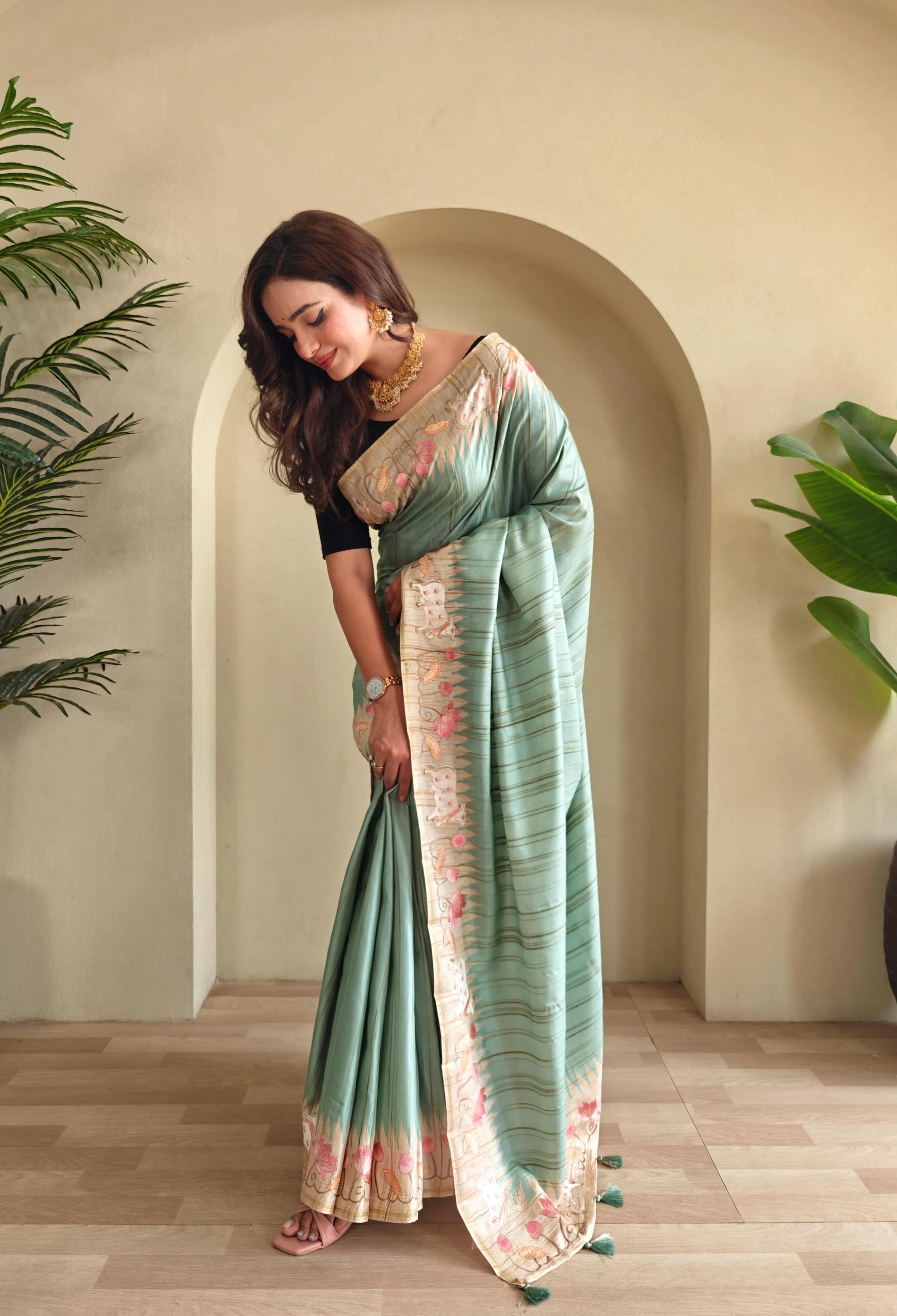 Pure Loom Tussar Silk Embroidery Pichwai Zari Piping Saree