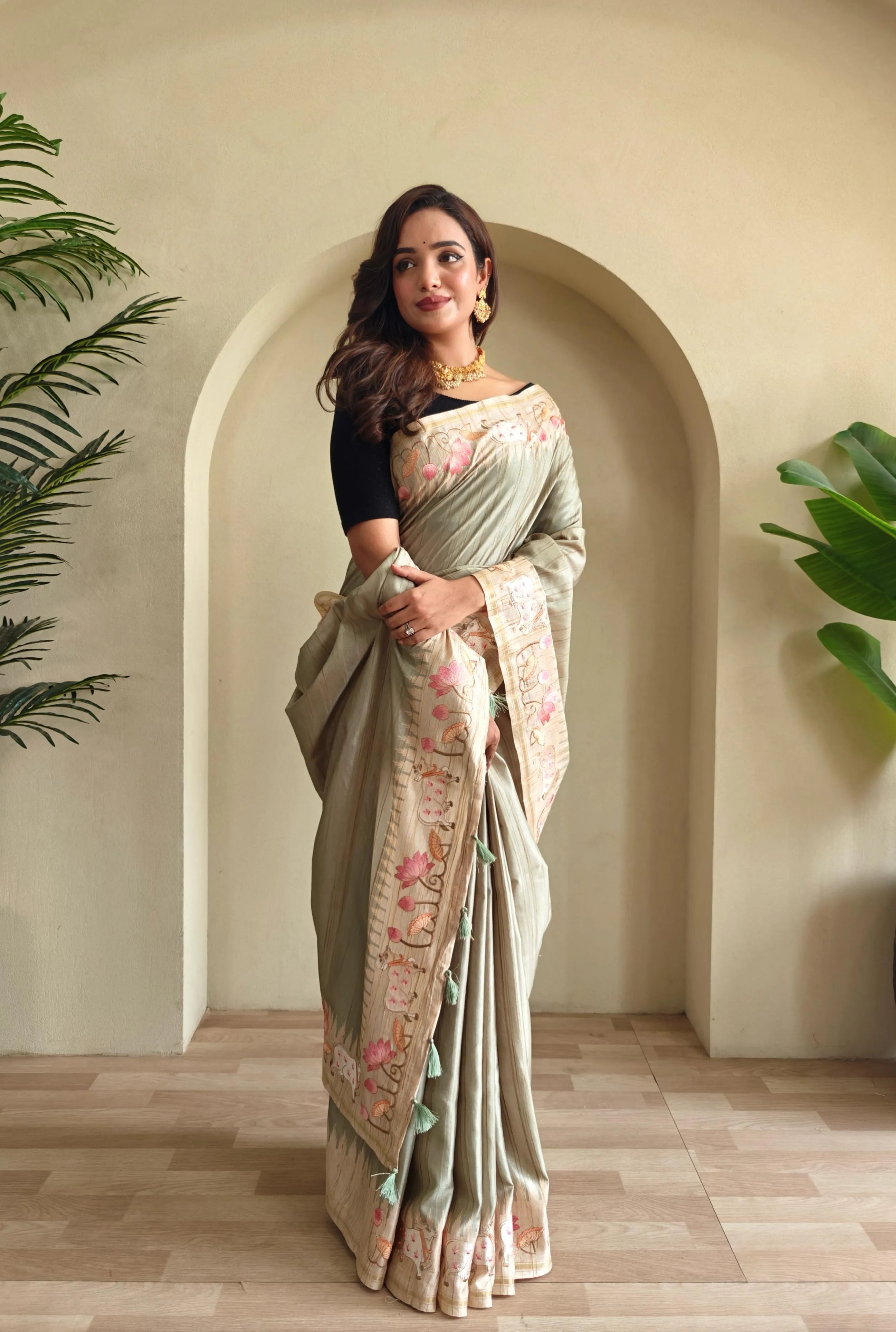 Pure Loom Tussar Silk Embroidery Pichwai Zari Piping Saree