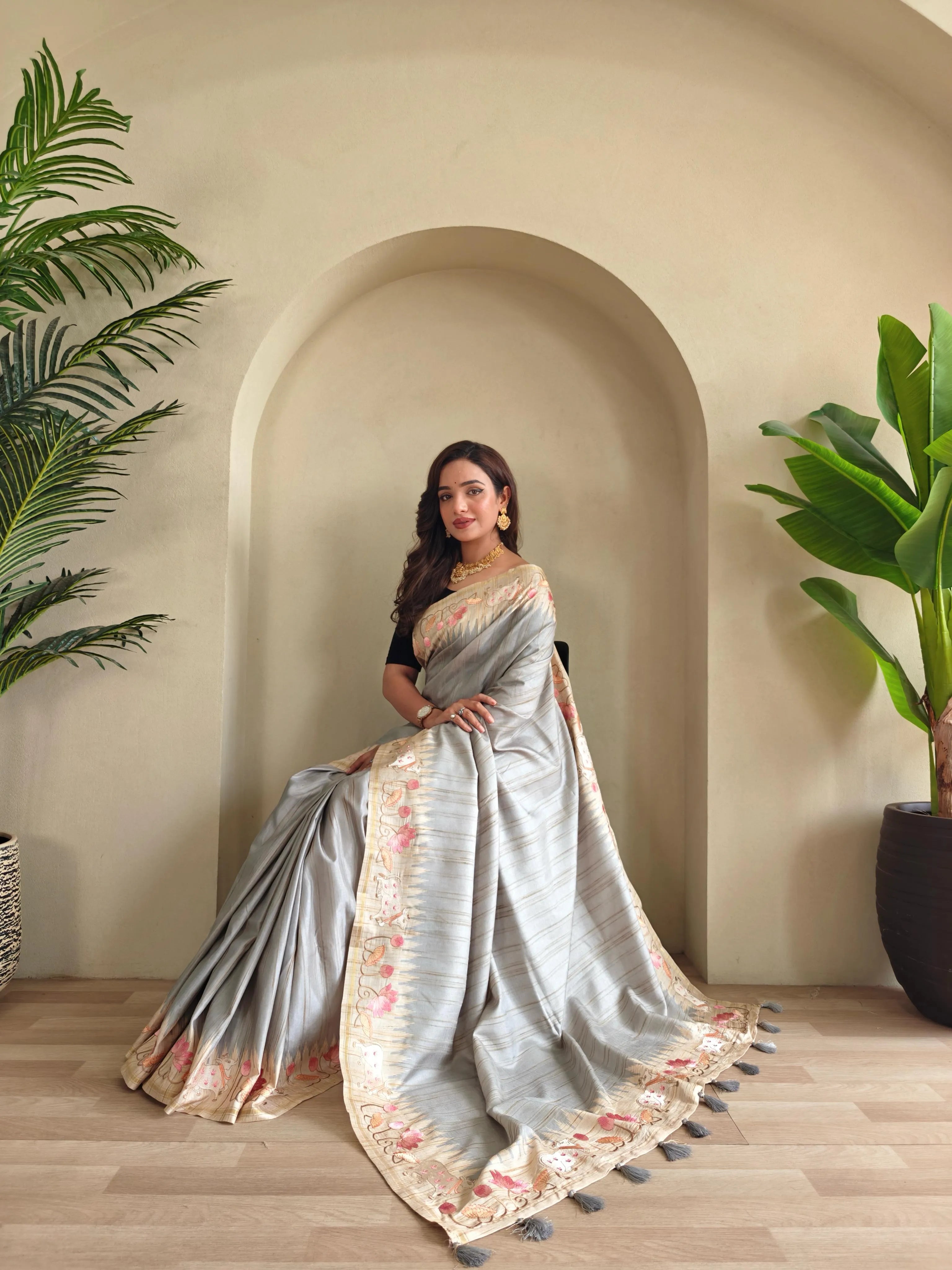 Pure Loom Tussar Silk Embroidery Pichwai Zari Piping Saree