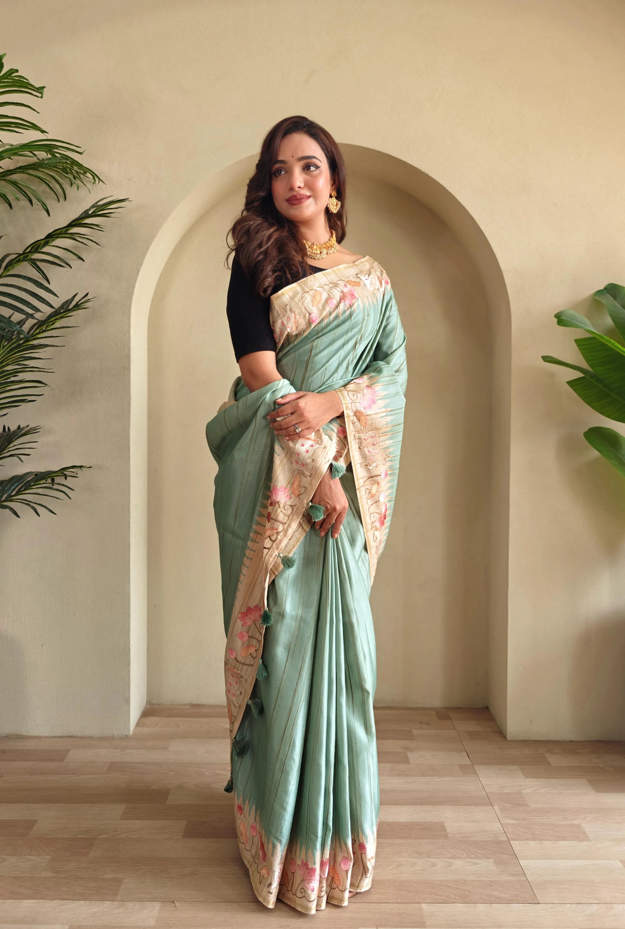 Pure Loom Tussar Silk Embroidery Pichwai Zari Piping Saree