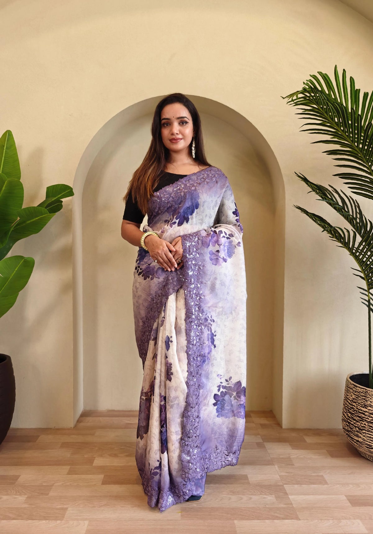 Organza Digital Printed Embroidered Saree