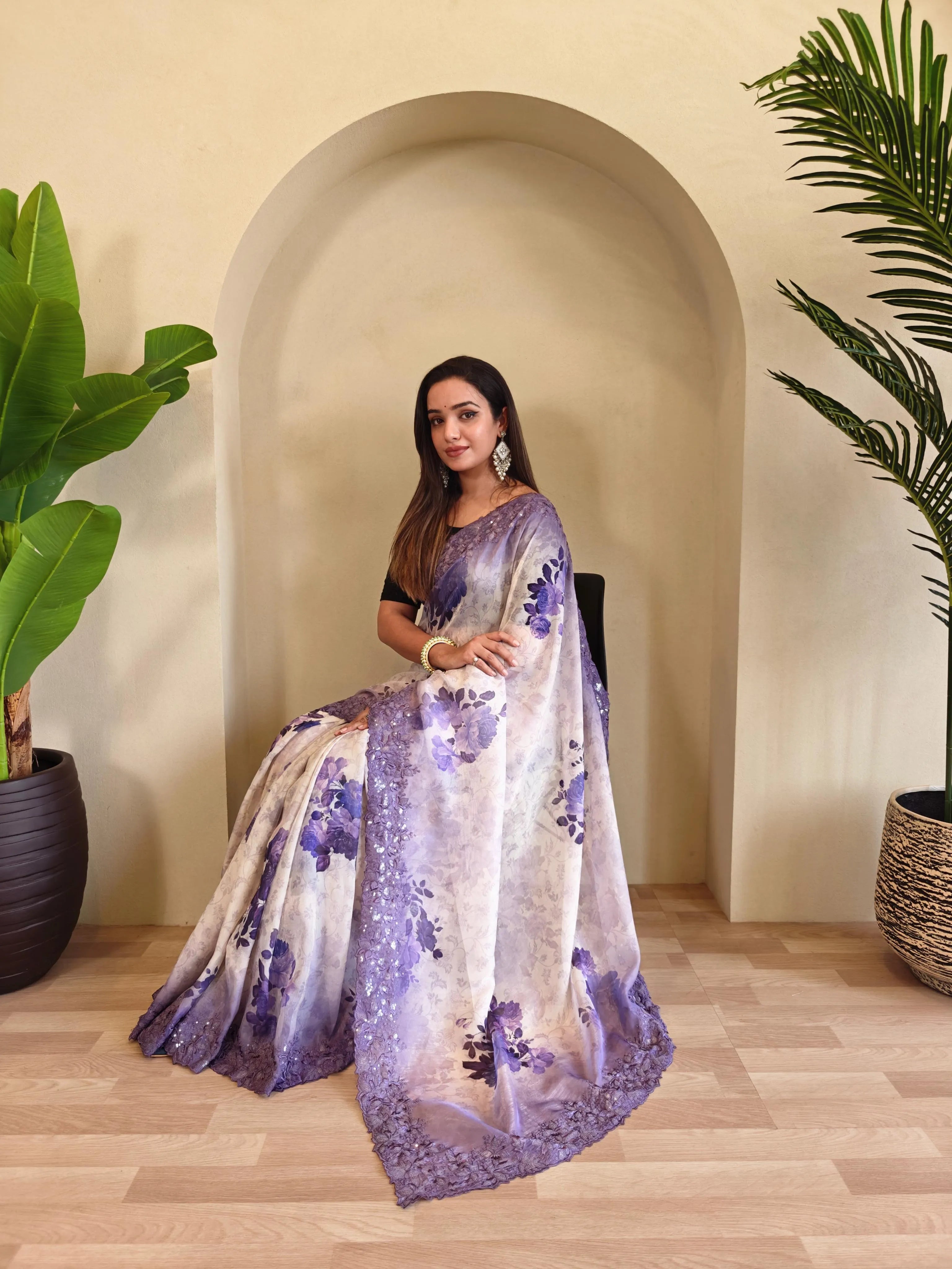 Organza Digital Printed Embroidered Saree